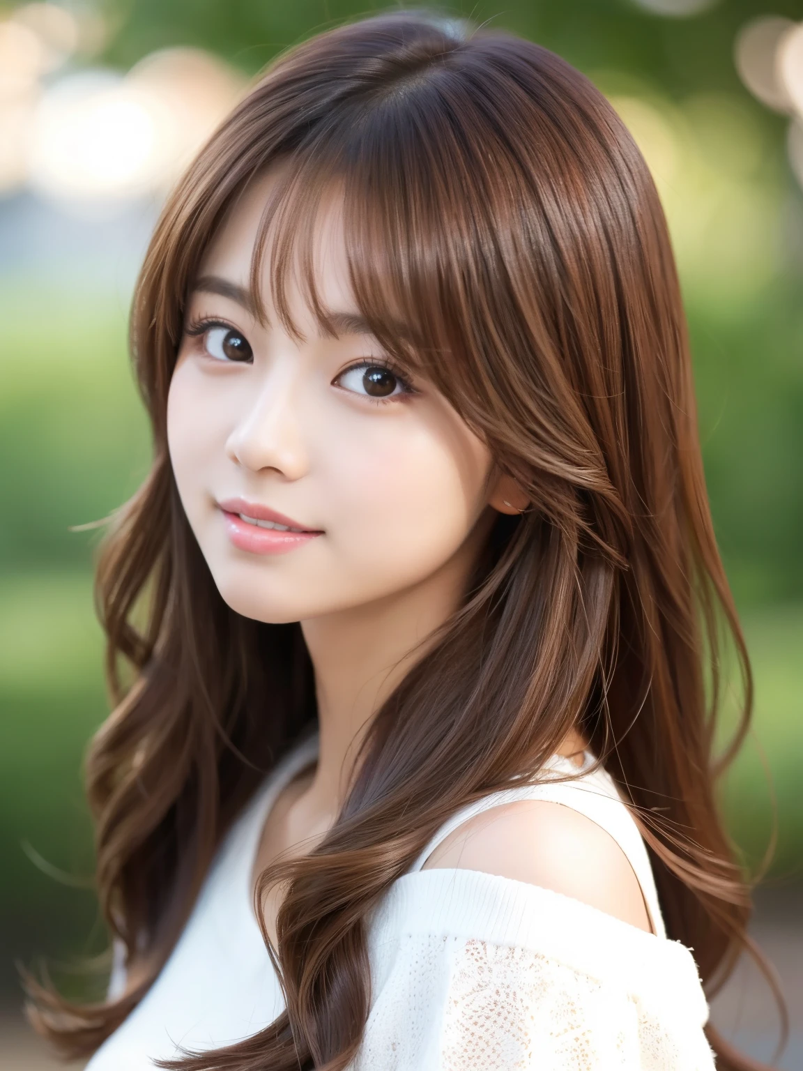 Ultra High Definition, Superior Quality, Premier Quality, ultra detailed, Photorealistic, 8k, RAW Photos, highest quality, masterpiece, Young asian woman with long brown hair wearing a white knit, beautiful young korean woman, gorgeous young korean woman, young adorable korean face, korean girl, beautiful Korean Idol, neat hair with bangs, portrait of female korean idol, tzuyu from twice, brown hair with bangs, wavy shoulder-length hair, brown hair and bangs, 
