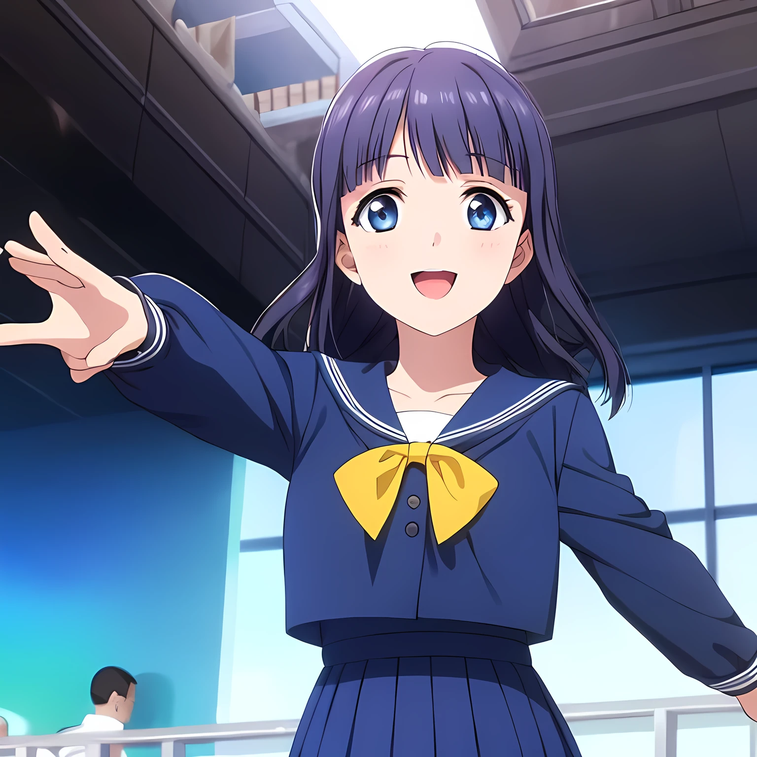 (highest quality, masterpiece:1.2), highest quality, High resolution, 1080p, 8K, Game heroine CG, Height: 158cm, A mature, beautiful woman falls upside down from the sky like an angel, smiling., A face that everyone loves, Glossy lips, Even bangs, Double, Long eyelashes on both the top and bottom, Smiling blue eyes, The very large and thick yellow ribbon bowtie is very cute., ((Black Hair)), Beautiful, shiny, long black hair, ((Show off a long, neat, dark navy pleated skirt)), (((A long-sleeved navy blue sailor uniform for winter, all dark blue in color))), ((Navy blue jacket)), Smiling, slightly open mouth like a game heroine, Ribbon in hair, Tight waist, Approaching the viewer with open arms, ((Talking to the audience)), ((Trying to kiss)), A very sacred temple in the sky, Shooting from below, ((Blur the background))
