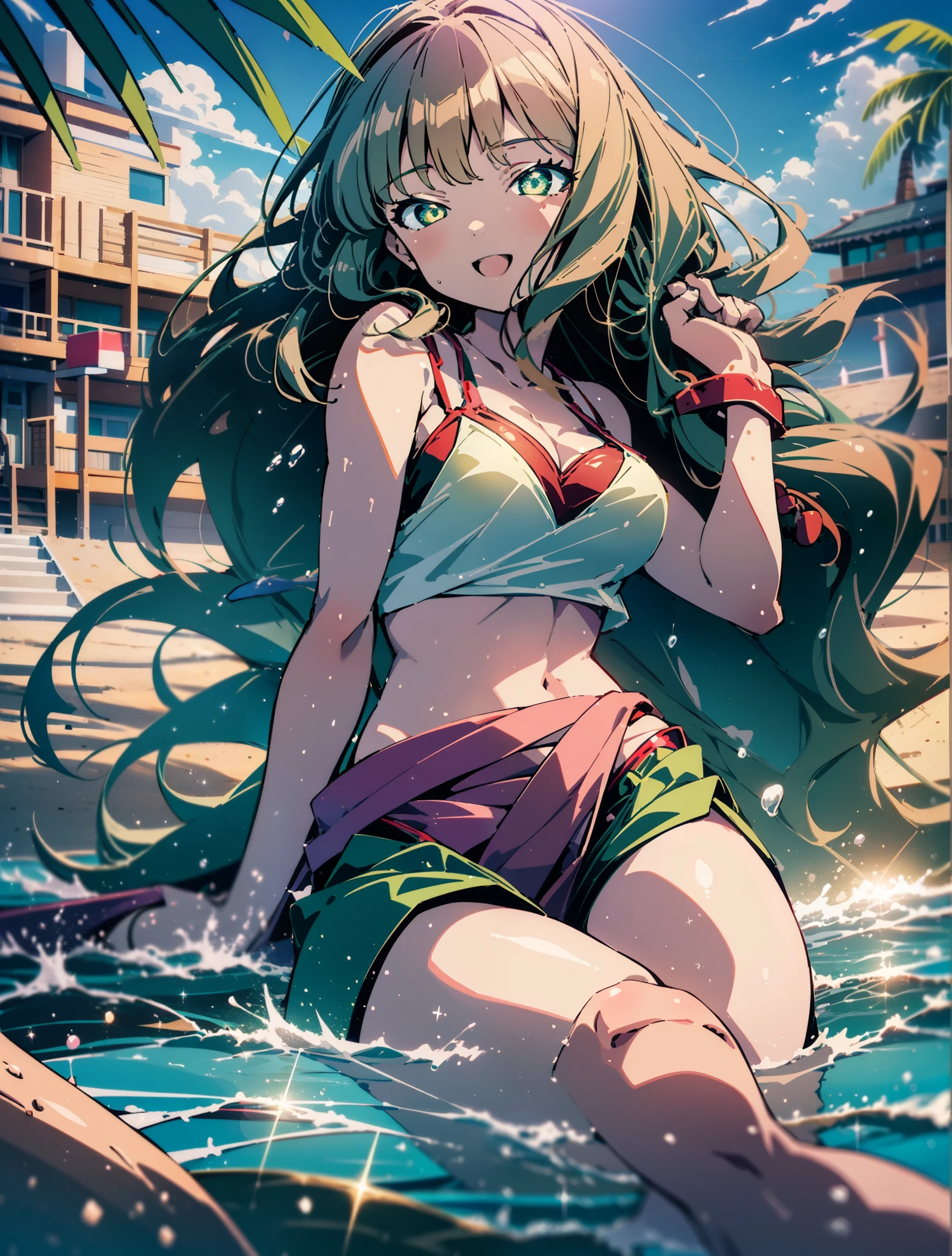 minami yume ,sss Dynazenon ,Long Hair, Brown Hair, (Green Eyes:1.5) ,Long braids,happy smile, smile, Open your mouth,belly button,Red Bikini Swimsuit,barefoot,Red belly dancer,A long, bright red blanket is wrapped around his waist..,(Beach salon), Big Breasts,((salon)), Beach outfit,Real Summer,Palm tree,whole bodyがイラストに入るように,
break outdoors, Beach,
break looking at viewer, whole body,
break (masterpiece:1.2), highest quality, High resolution, unity 8k wallpaper, (shape:0.8), (Beautiful and beautiful eyes:1.6), Highly detailed face, Perfect lighting, Extremely detailed CG, (Perfect hands, Perfect ???????),