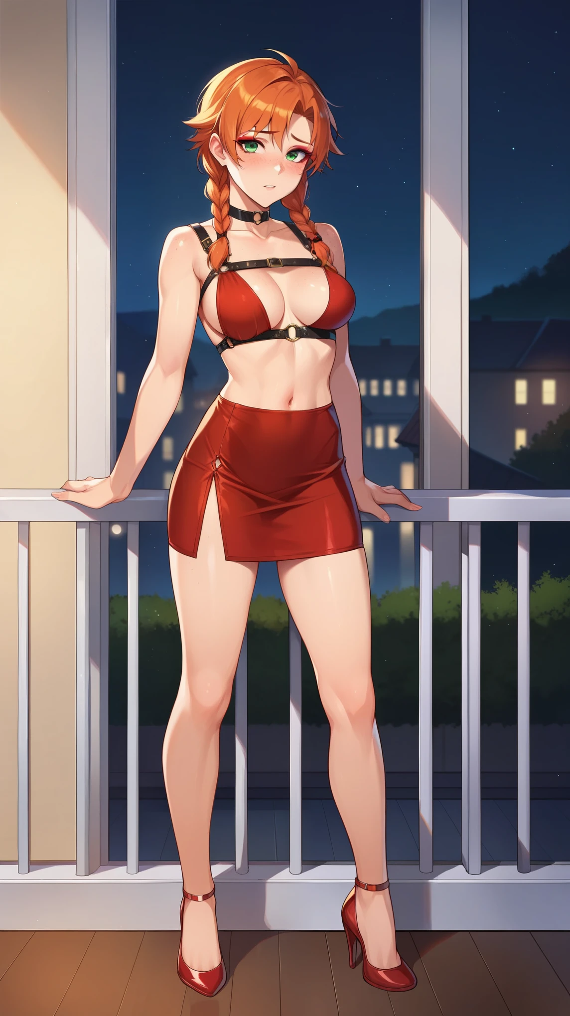 score_9, score_8_up, score_7_up, ginger hair, pigtails, braided pigtails, freckles, pale  green eyes, red eyeshadow, 1girl, solo, balcony, no bra, harness, high heels, short dress, gown, night, night time, moonlight, indoors, fancy, bedroom, tomboy, shy, blush, standing, choker, navel, closeup, body focus