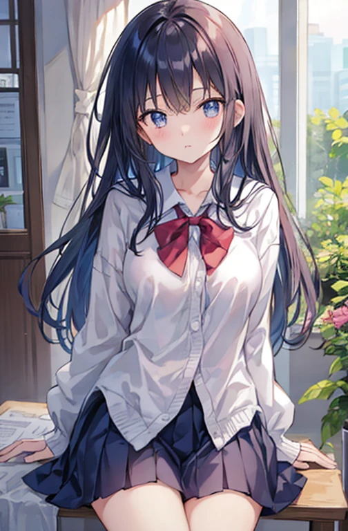 Soft thighs、eveningの中学校の教室、evening、Soft sunlight、this girl is too cute、She leans forward、Breasts are visible through the gaps in clothes.Disheveled clothing