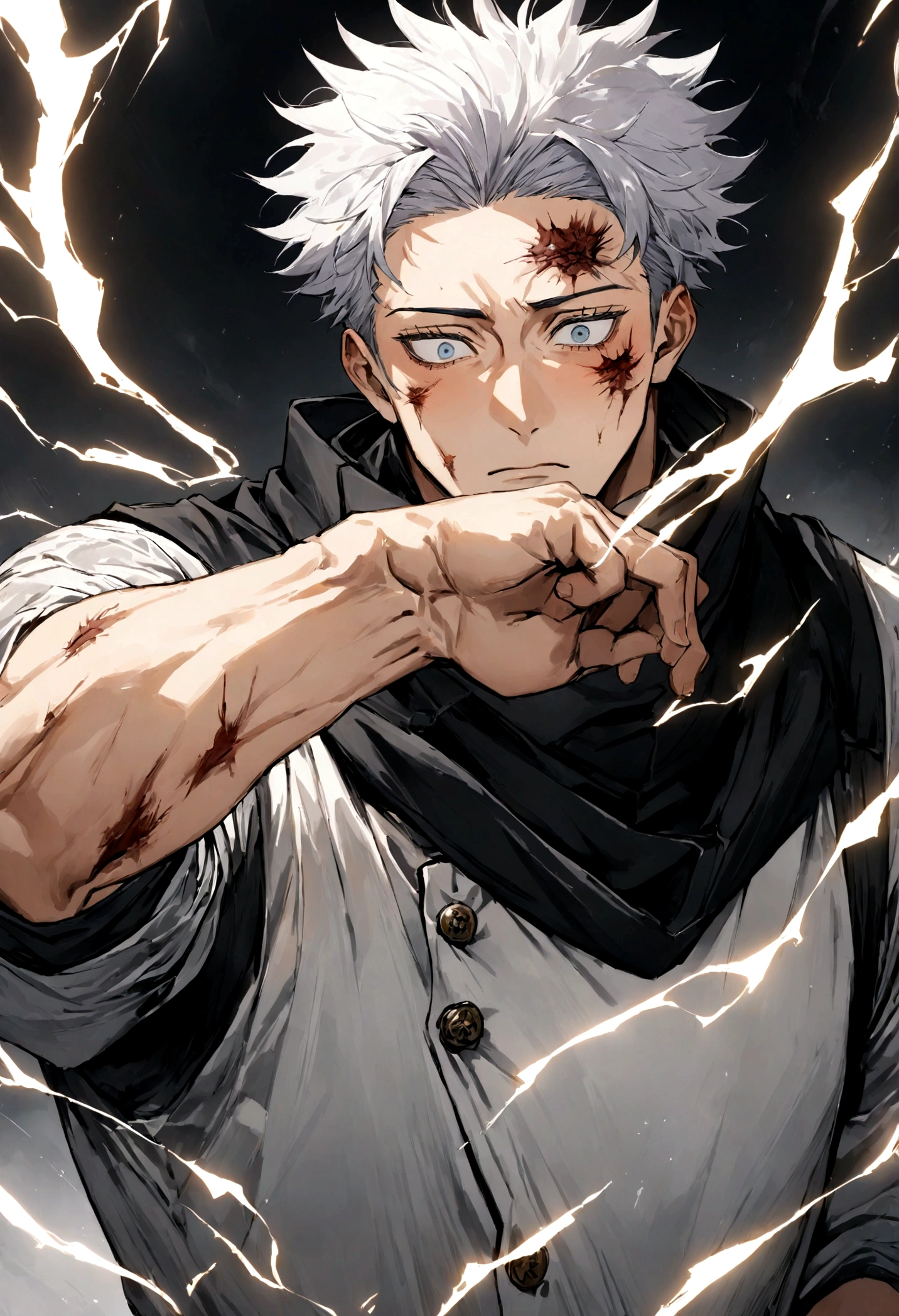 1 boy, Men's Center, Satoru gojou,Jujutsu Kaisen、Injury, electricity,, masterpiece, highest quality, so beautiful,stitch on forehead,White clothes
