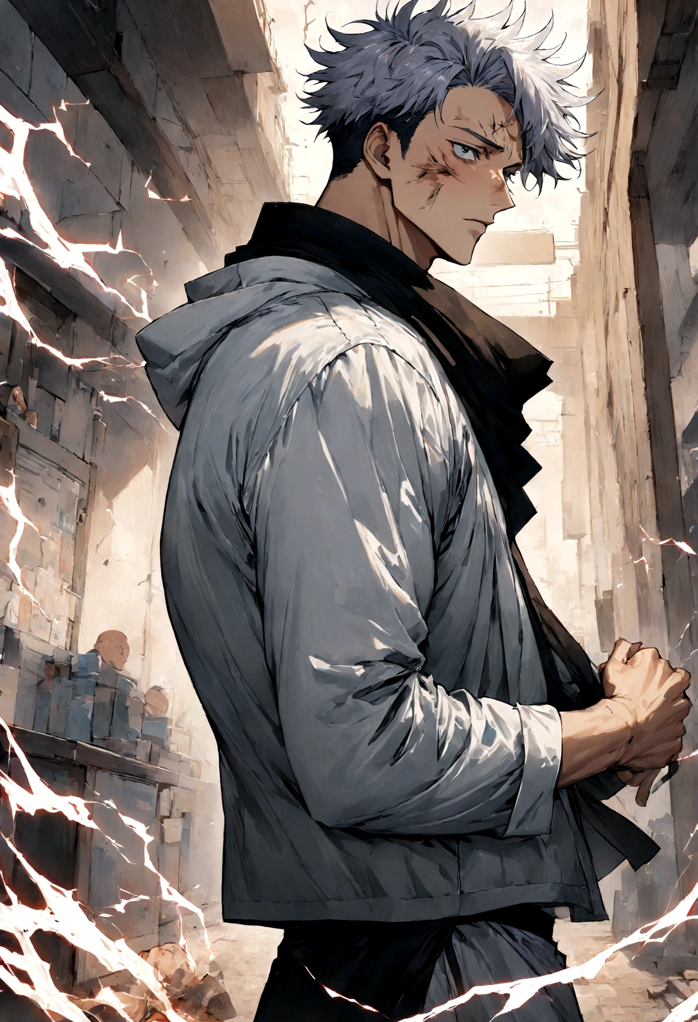 1 boy, Men's Center, Satoru gojou,Jujutsu Kaisen、Injury, electricity,, masterpiece, highest quality, so beautiful,stitch on forehead,White clothes