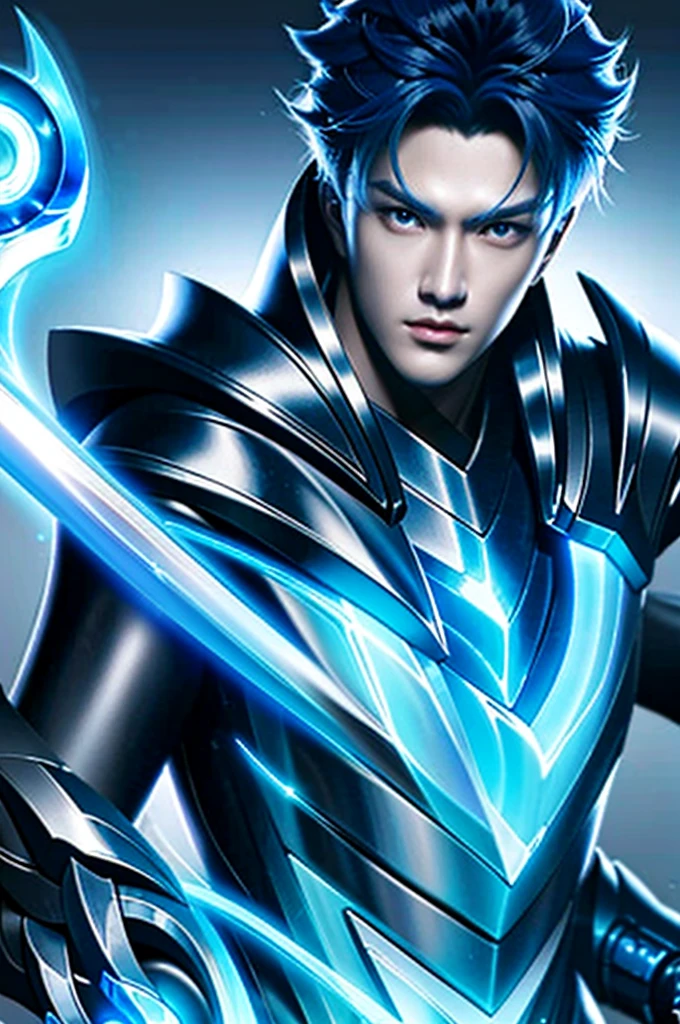 Close-up of a man holding a sword and a blue light, heise jinyao, Official Splash Art, Splash Art, wallpaper splash art promo art, Inspired by Huang Shen, character splash art, zhao yun, iconic character splash art, Extremely detailed Artgerm, by Yang J, mobile legends, G Liulian art style, Ashe