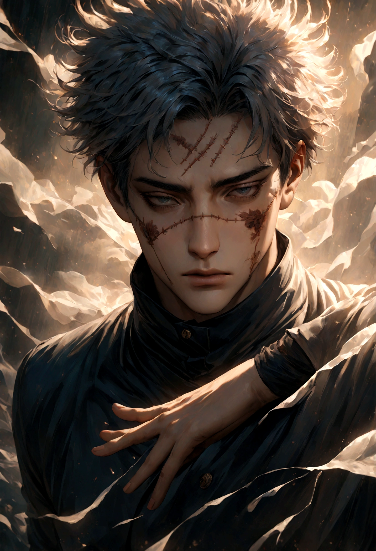 beautiful young man, 1 boy, Satoru Gojo, Jujutsu Kaisen, injured, electric, masterpiece, best quality, extremely beautiful, stitches on forehead, dramatic lighting, intricate details, cinematic, hyper realistic, cinematic lighting, photorealistic, chiaroscuro, moody atmosphere, powerful expression, intense gaze, brooding, captivating pose, dynamic composition