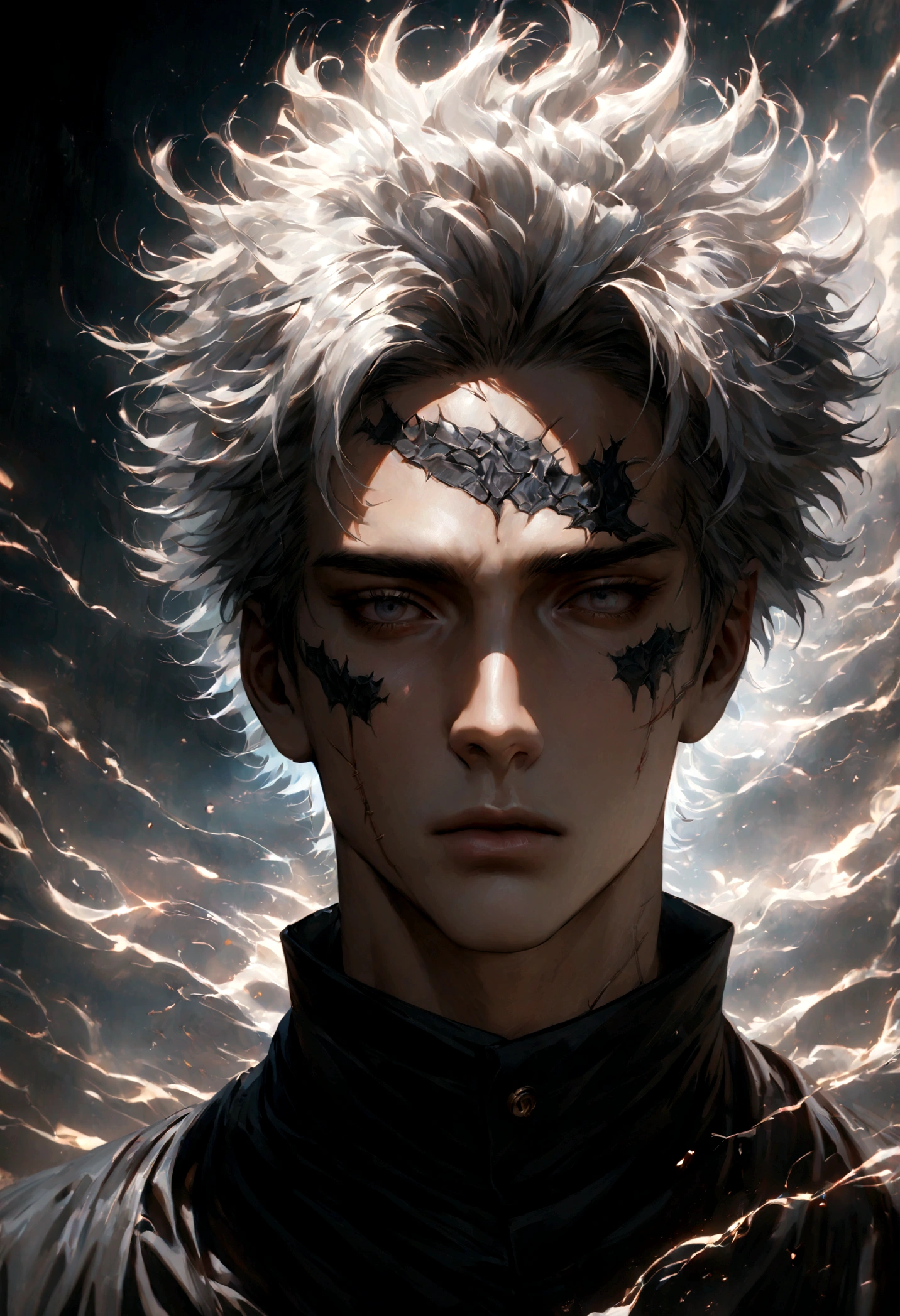 beautiful young man, 1 boy, Satoru Gojo, Jujutsu Kaisen, injured, electric, masterpiece, best quality, extremely beautiful, stitches on forehead, dramatic lighting, intricate details, cinematic, hyper realistic, cinematic lighting, photorealistic, chiaroscuro, moody atmosphere, powerful expression, intense gaze, brooding, captivating pose, dynamic composition
