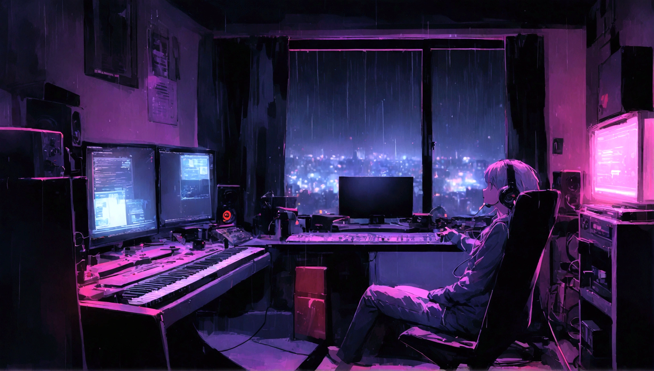 Music Studio,darkroom, night, , keyboard, earphone, Monitor the speaker, Small lights, sit, unmanned, No animals, background, sofa,, rain, night sky, night City, absurd, high resolution, Super sharp, 8K, masterpiece