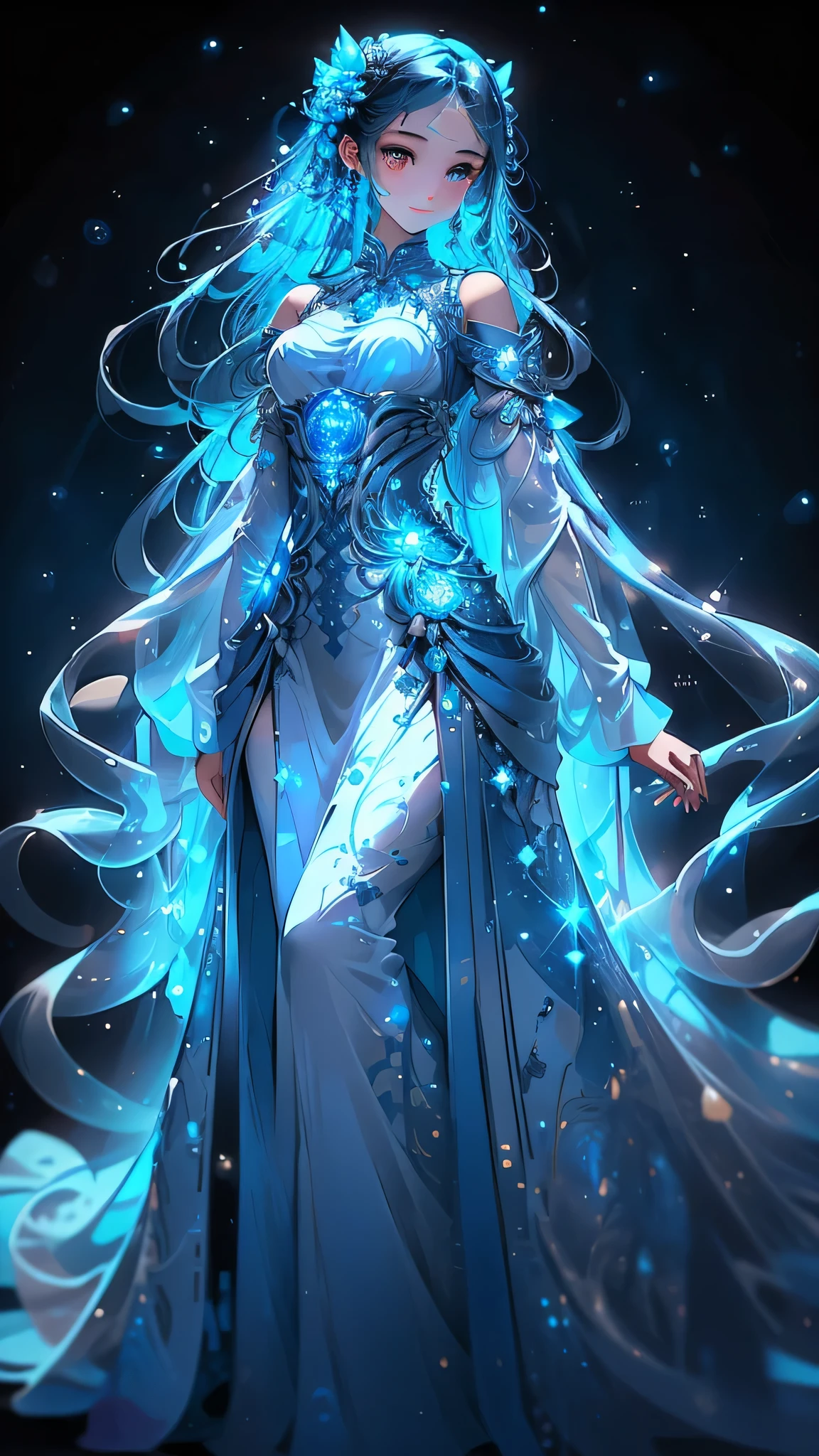 An extraordinary 18-year-old girl, adorned in a stunning, shimmering gown that appears to be woven from the fabric of the cosmos itself, gracefully poses with a captivating smile that outshines the brightest starlight. Her radiant blue eyes, twinkling with the sparkle of stardust, seem to hold the universe within their depths. Her long, flowing hair, as blue as the vast expanse of the sky, is interwoven with swirling stars, adding an ethereal brilliance to her enchanting visage.
Within the fantastical atmosphere, every detail is exquisitely rendered, transforming this master