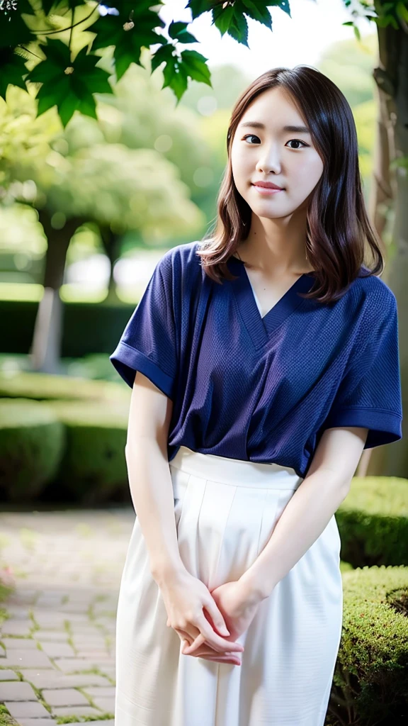 Very beautiful Japanese women、pretty:1.5,21 years old、Big eyes、Attractive eyes、university student、FlowersGood weatherUniversity garden、Are standing、Looking at the camera:1.5、Smile 1.3、healthy、White skin、Light makeup、whole body、Small butt、