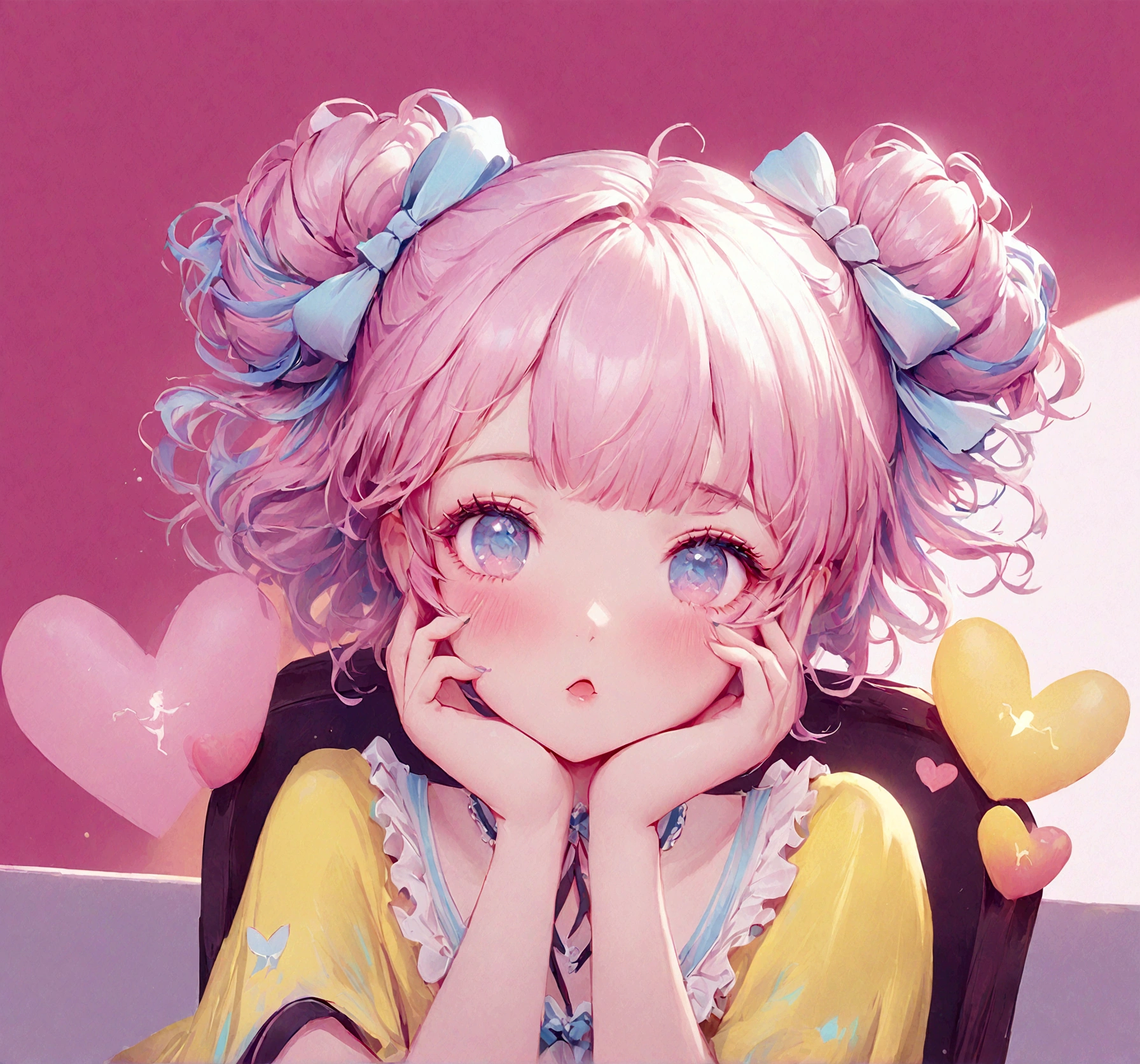 A woman with pink hair is sitting on a chair, obra de arte al estilo de Gweitz, Guweiz en Artstation Pixiv, Gweitz, Digital Art, I felt better.. Soft lighting, beautiful fantasy I felt better., beautiful I felt better. girl, I felt better. art wallpaper 8 k, Adorable melancholic fairy pastel, One girl, Pink Hair, Bun Hair, Put your hands on your face, Pale depiction, pastel, Delicate art drawn with colored pencils、She has big, expressive blue eyes、With a thoughtful look、Emphasis on a dreamy and cute aesthetic。