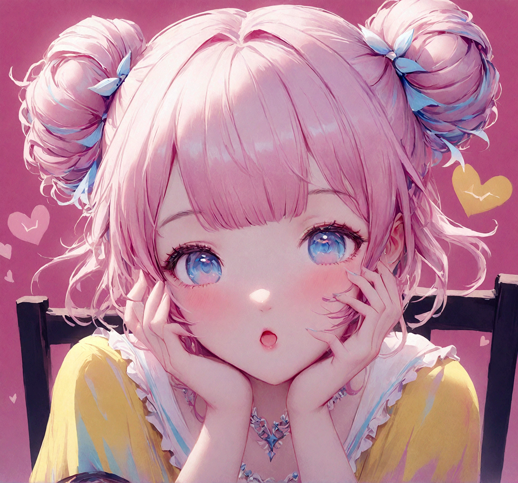 A woman with pink hair is sitting on a chair, obra de arte al estilo de Gweitz, Guweiz en Artstation Pixiv, Gweitz, Digital Art, I felt better.. Soft lighting, beautiful fantasy I felt better., beautiful I felt better. girl, I felt better. art wallpaper 8 k, Adorable melancholic fairy pastel, One girl, Pink Hair, Bun Hair, Put your hands on your face, Pale depiction, pastel, Delicate art drawn with colored pencils、She has big, expressive blue eyes、With a thoughtful look、Emphasis on a dreamy and cute aesthetic。