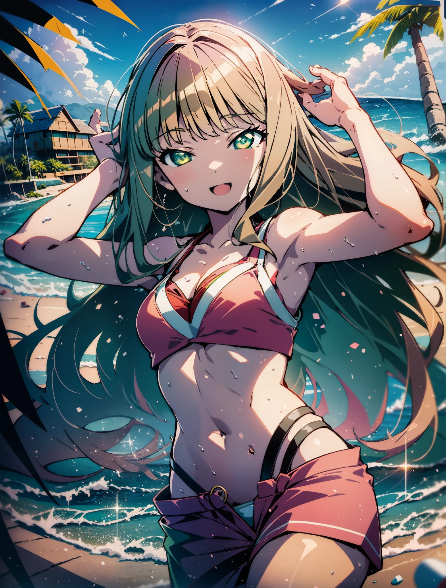 minami yume ,sss Dynazenon ,Long Hair, Brown Hair, (Green Eyes:1.5) ,Long braids,happy smile, smile, Open your mouth,belly button,Red Bikini Swimsuit,barefoot,Red belly dancer,A long, bright red blanket is wrapped around his waist..,(Beach salon), Big Breasts,((salon)), Beach outfit,Real Summer,Palm tree,whole bodyがイラストに入るように,
break outdoors, Beach,
break looking at viewer, whole body,
break (masterpiece:1.2), highest quality, High resolution, unity 8k wallpaper, (shape:0.8), (Beautiful and beautiful eyes:1.6), Highly detailed face, Perfect lighting, Extremely detailed CG, (Perfect hands, Perfect Anatomy),