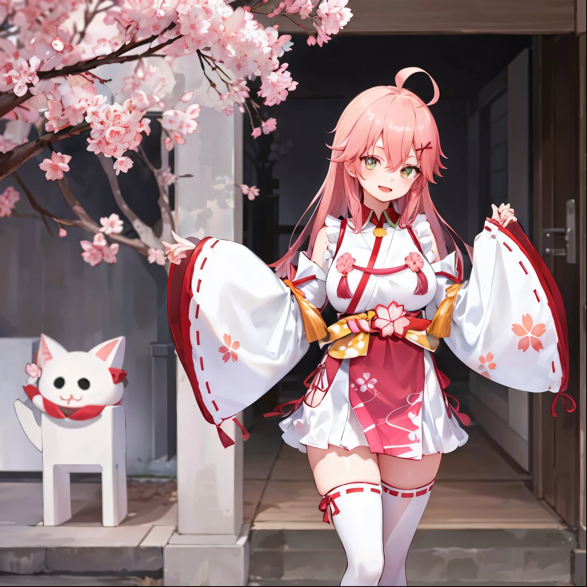 masterpiece, best quality, highres, miko1, sakura_miko, 1girl, big_boobs, solo, ahoge, x_hair_ornament, pink_hair, floral print, hairclip,(side_less_clothes:1.5), (side_boobs:1.5), hair_bell, floral print, long_hair, hair between eyes, one side up, white thighhighs, asymmetrical legwear, wide sleeves, open_mouth,(happy:1.3),gleen_eyes,big_smile,(rise_leg:1.3),plump,apart_legs,(overly_long_sleeves:1.3),),sleeves_past_wrists,hands_hidden_sleeves,sidelock_clothes,dynamic_posing,solo,hidden_wrists,(XD:1.4),covered_nipples,sunlight,cherryblossom_background,
