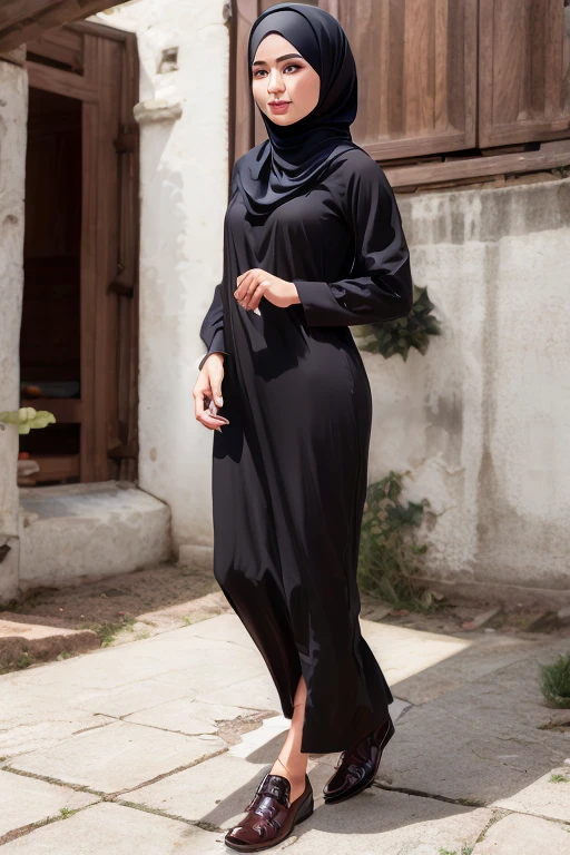 A beautiful Asian girl in a long hijab with tight and clearly visible breasts, With dark colored clothes, was Hugging herself , and good quality images