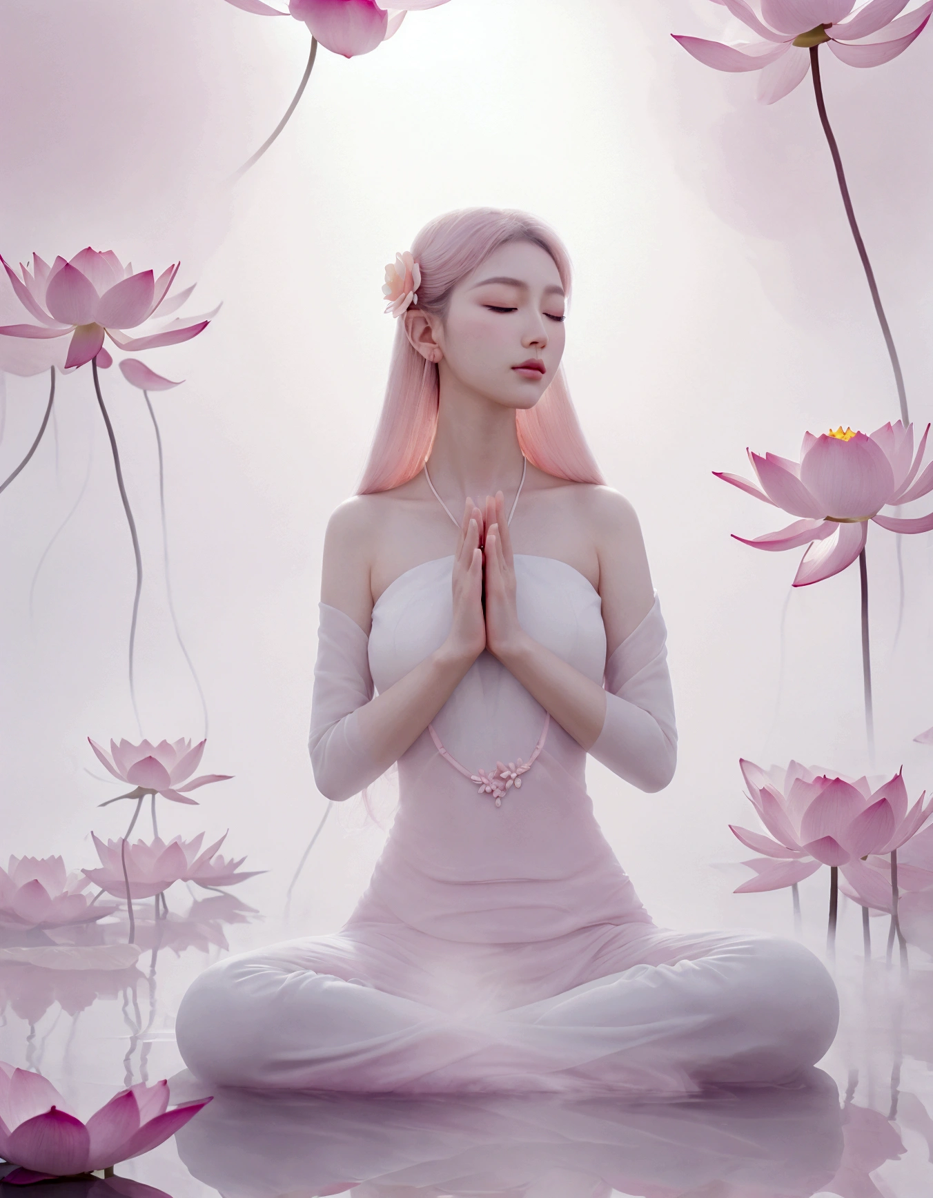 "A premium high-resolution photograph showcasing a graceful woman in a lotus pose, surrounded by giant, pale pink lotus flowers that seem to float in a dreamy mist. The colors are soft and ethereal, with an emphasis on pale pinks, whites, and pastels. The lighting is soft and diffused, creating a sense of peace and tranquility. The photograph has a mysterious and enigmatic mood and feeling, focusing on inner peace and serenity. The woman's face shows tranquility, and her eyes are closed, reflecting inner calmness. The photograph should be rich in detail, with exquisite lotus petals, mist, and lighting, highlighting composition with the woman placed in the center of the image, creating balance and a relaxing, peaceful feeling for the viewer."