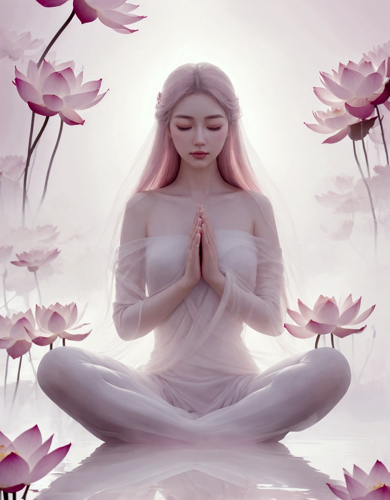 "A premium high-resolution photograph showcasing a graceful woman in a lotus pose, surrounded by giant, pale pink lotus flowers that seem to float in a dreamy mist. The colors are soft and ethereal, with an emphasis on pale pinks, whites, and pastels. The lighting is soft and diffused, creating a sense of peace and tranquility. The photograph has a mysterious and enigmatic mood and feeling, focusing on inner peace and serenity. The woman's face shows tranquility, and her eyes are closed, reflecting inner calmness. The photograph should be rich in detail, with exquisite lotus petals, mist, and lighting, highlighting composition with the woman placed in the center of the image, creating balance and a relaxing, peaceful feeling for the viewer."
