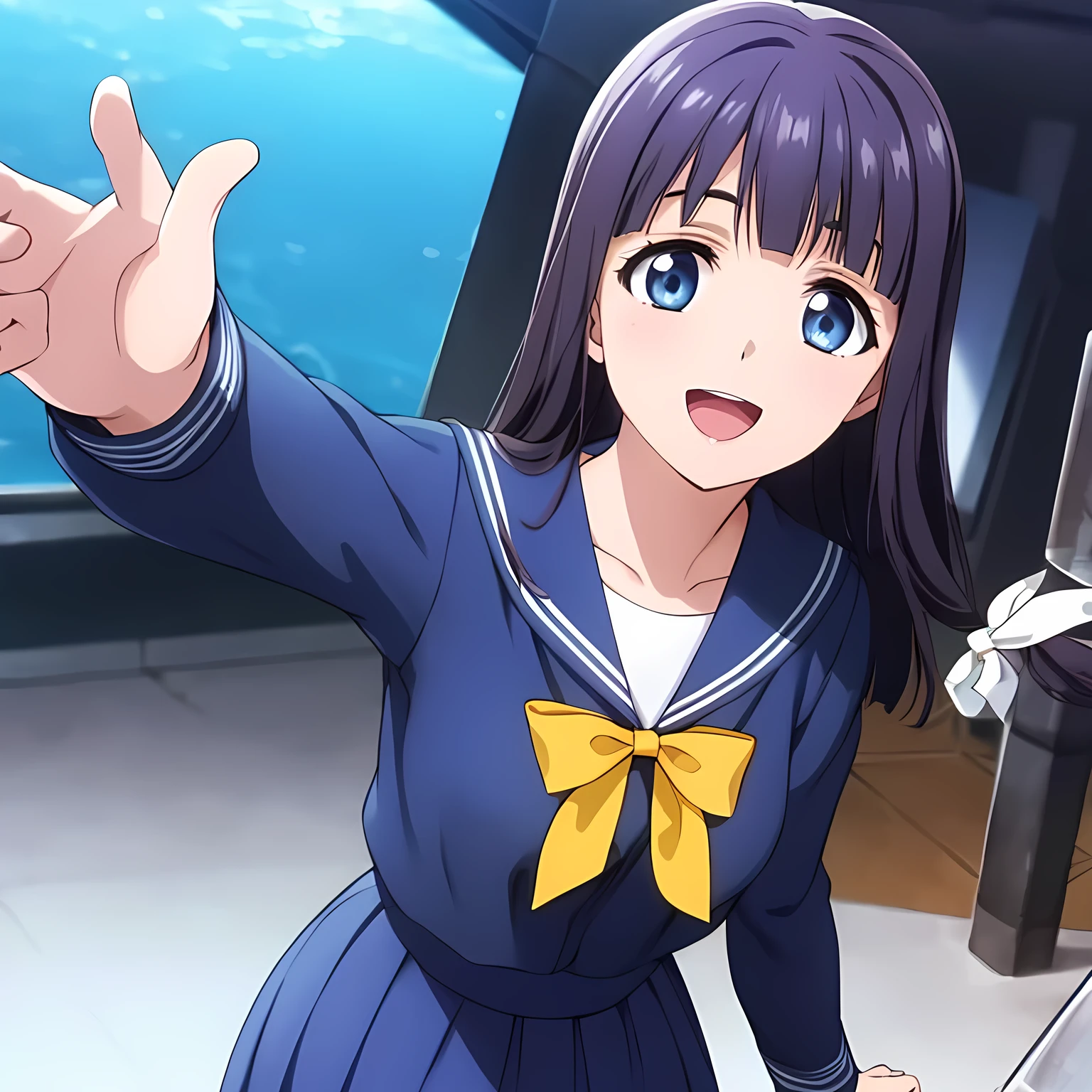 (highest quality, masterpiece:1.2), highest quality, High resolution, 1080p, 8K, Game heroine CG, Height: 158cm, A mature, beautiful woman is floating in the air with a smile, A face that everyone loves, Glossy lips, Even bangs, Double, Long eyelashes on both the top and bottom, Smiling blue eyes, The very large and thick yellow ribbon bowtie is very cute., ((Black Hair)), Beautiful, shiny, long black hair, ((Show off a long, neat, dark navy pleated skirt)), (((A long-sleeved navy blue sailor uniform for winter, all dark blue in color))), ((Navy blue jacket)), Smiling, slightly open mouth like a game heroine, Ribbon in hair, Tight waist, Approaching the viewer with open arms, ((Talking to the audience)), ((Trying to kiss)), A very sacred temple in the sky, Shooting from below, ((Blur the background))