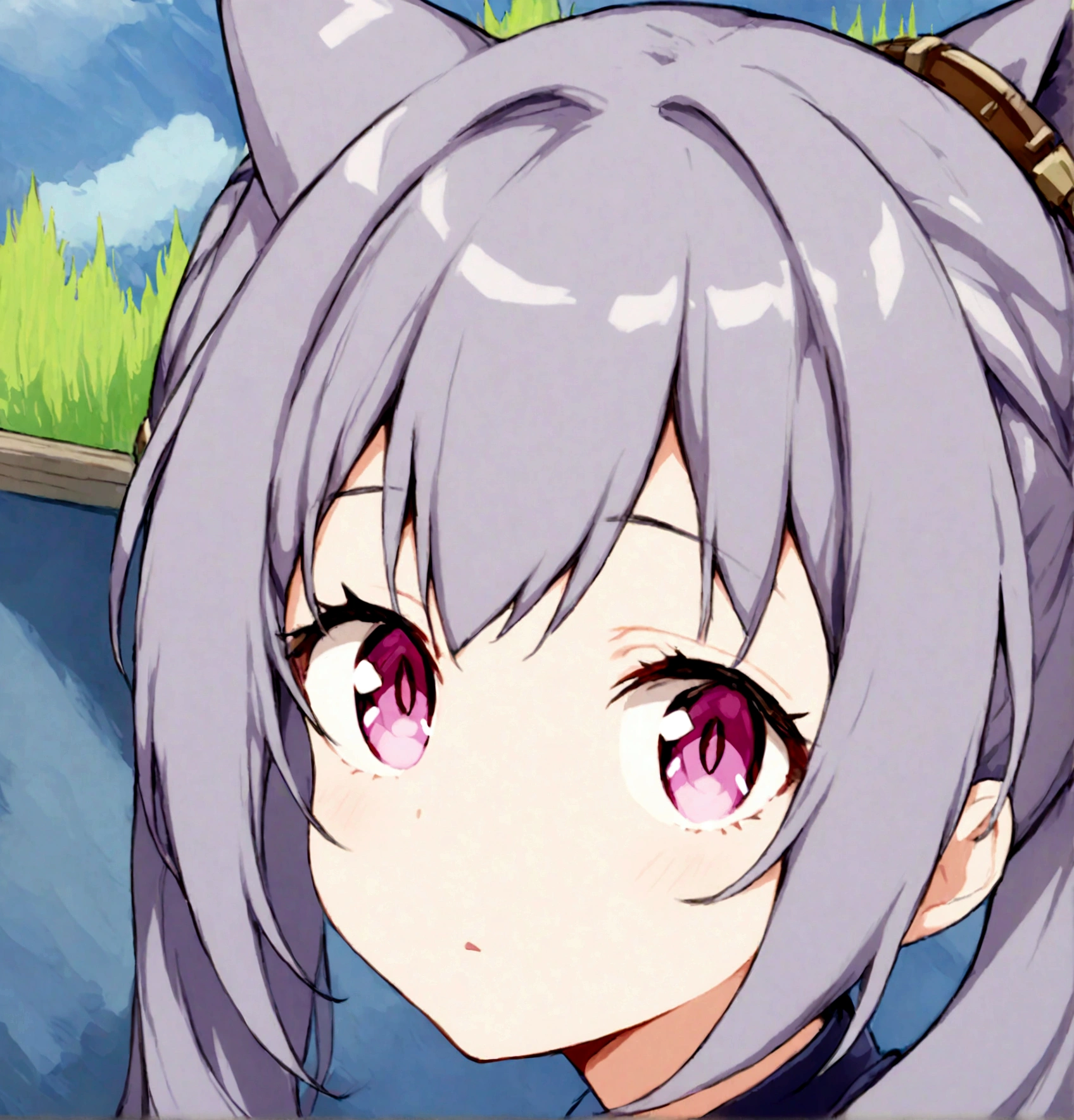 purple hair, hair ornament, twintails, cat ears hairstyle