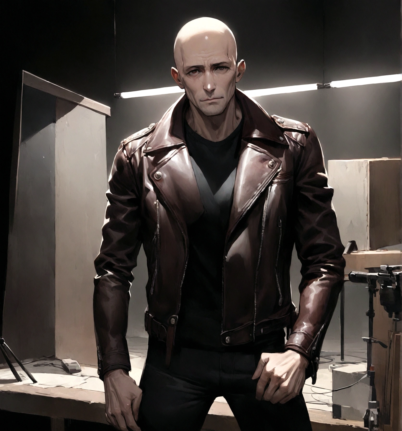 a skinny handsome 40 year-old man, wearing a leather jacket, bald, a black beanie. dark red background, studio, looking at camera, standing