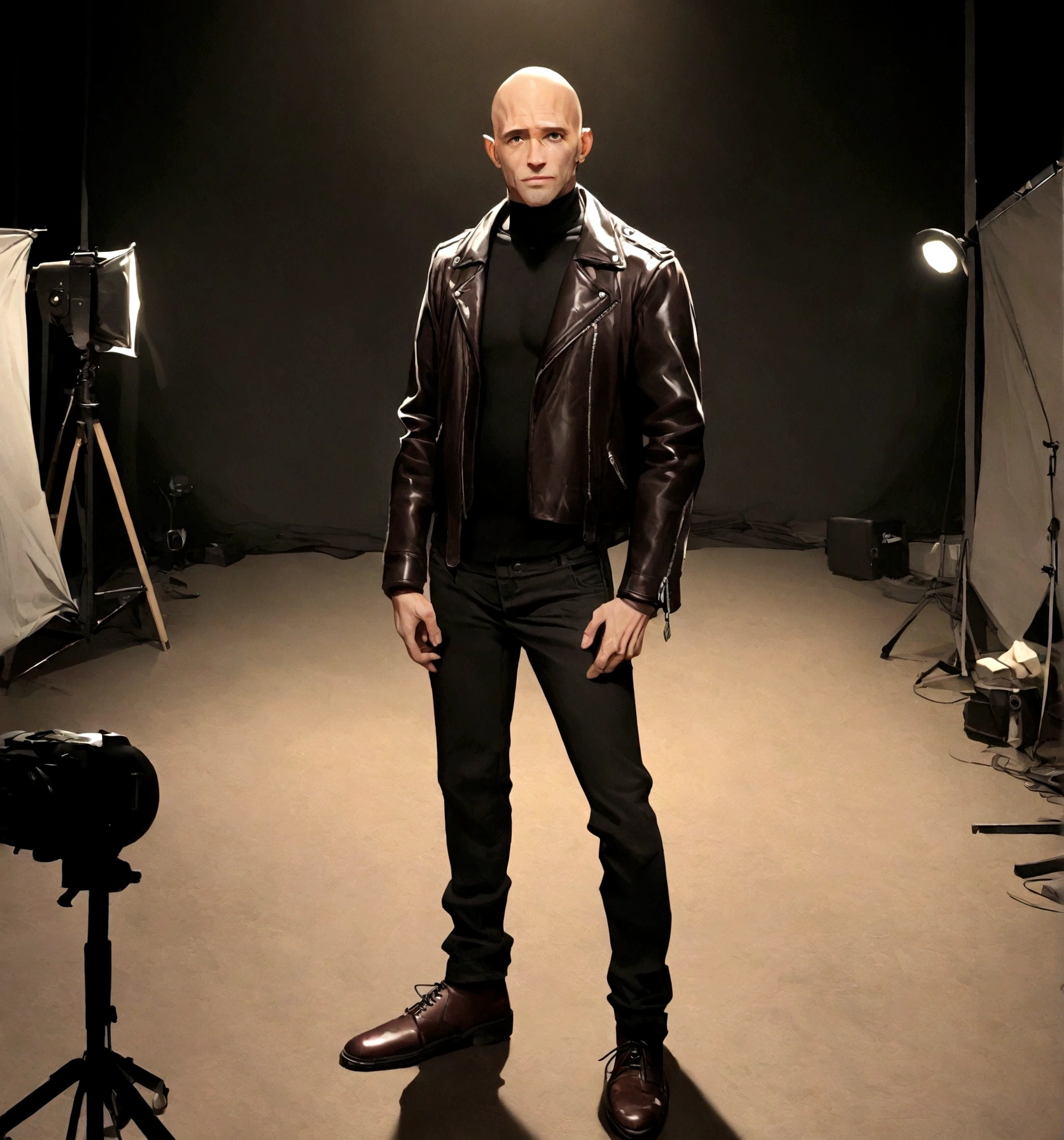 a skinny handsome 40 year-old man, wearing a leather jacket, bald, a black beanie. dark red background, studio, looking at camera, standing