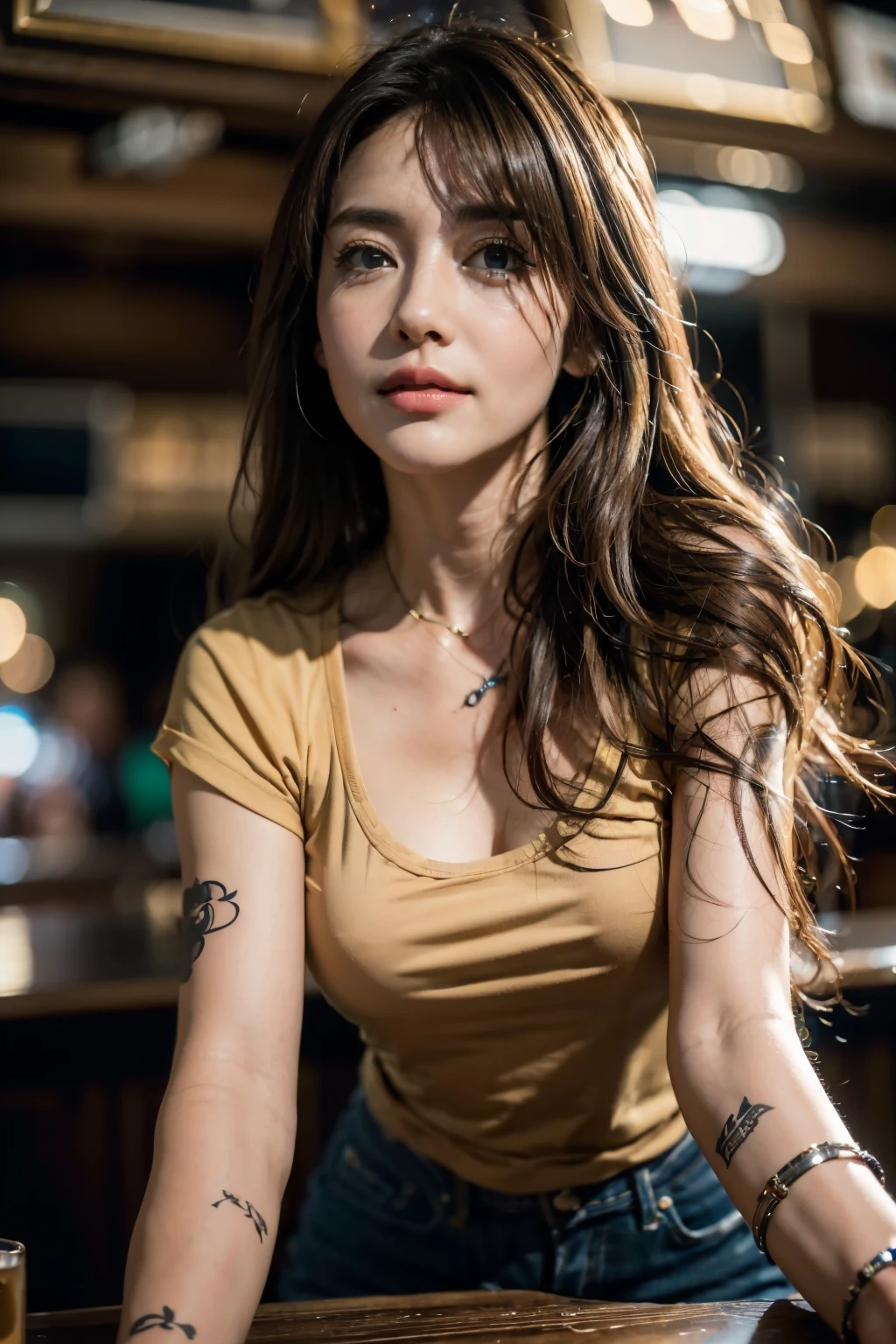 Tabletop, highest quality, Realistic, Very detailed, Fine details, High resolution, 8k wallpaper, 1. Beautiful woman, Wear a casual shirt, In a great pub, ((View your viewers)), At night, Light brown messy hair, Perfect dynamic composition, Beautiful details