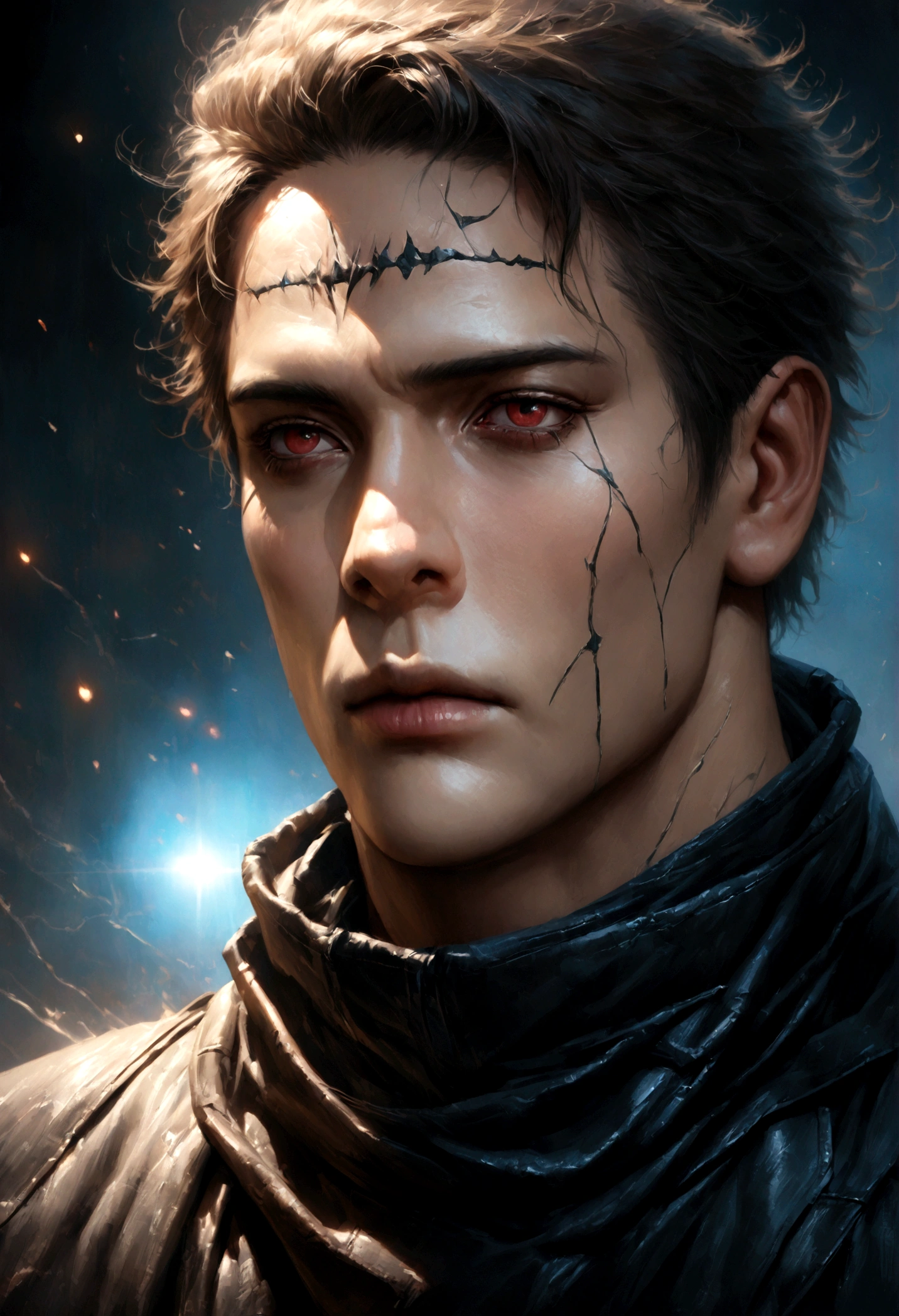 a young injured man, Satoru Gojo from Jujutsu Kaisen, electricity, masterpiece, (best quality,4k,8k,highres,masterpiece:1.2),ultra-detailed,(realistic,photorealistic,photo-realistic:1.37),extremely detailed eyes and face,longeyelashes,beautiful detailed eyes,beautiful detailed lips,intricate stitches on forehead,dramatic lighting,cinematic,moody,dark,intense colors