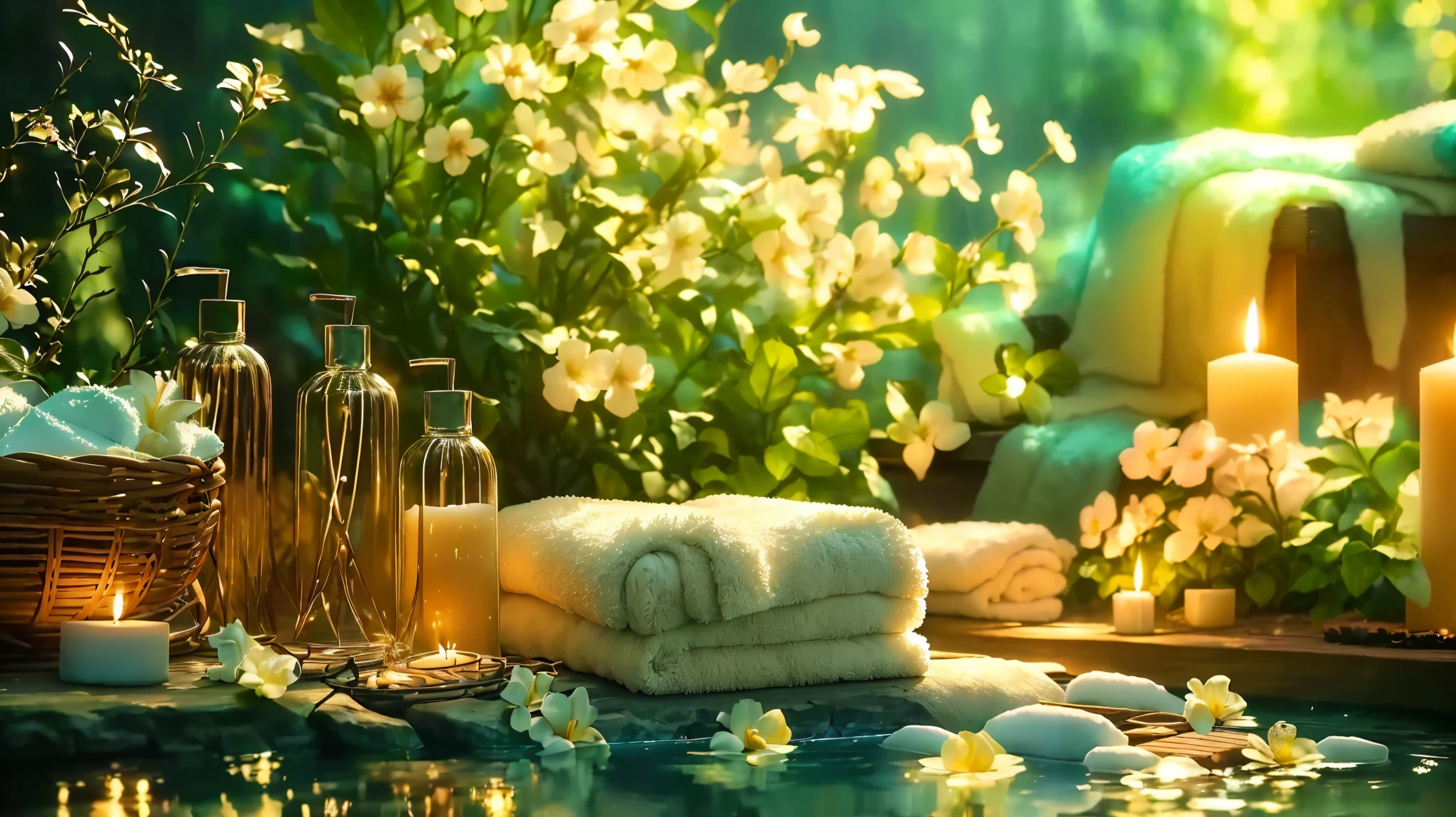 towels and candles are placed on a table in a garden, relaxing atmosphere, relaxing environment, peaceful ambience, relaxing, soft glow, relaxing mood, beautiful ambience, paradise garden massage, warm beautiful scene, warm and joyful atmosphere, luxurious environment, beautiful wallpaper, beautiful ambiance, morning glow, serene environment, romantic ambiente, sublime comforting ambience, spa