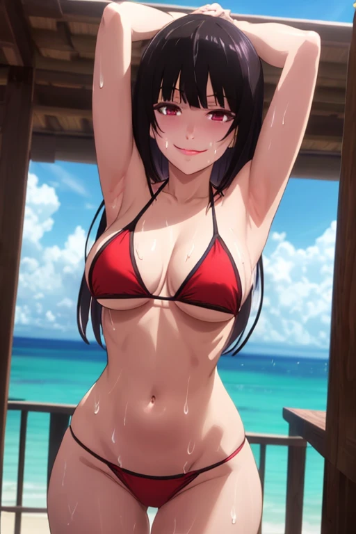 Perfect, masterpiece, (best quality, highres:1.2), 1girl, beautiful detailed eyes, beautiful detailed lips, beautiful detailed face, long eyelashes, vivid colors, HDR, ultra-fine painting, sharp focus, physically-based rendering, portraits, curvy body, large breasts, perfect shape, facing viewer, sweaty, gorgeous, ((arms up)), sleeveless, straddling, smile, black hair, red eyes, armpits visible, red bikini, beach backround, sticking tongue out