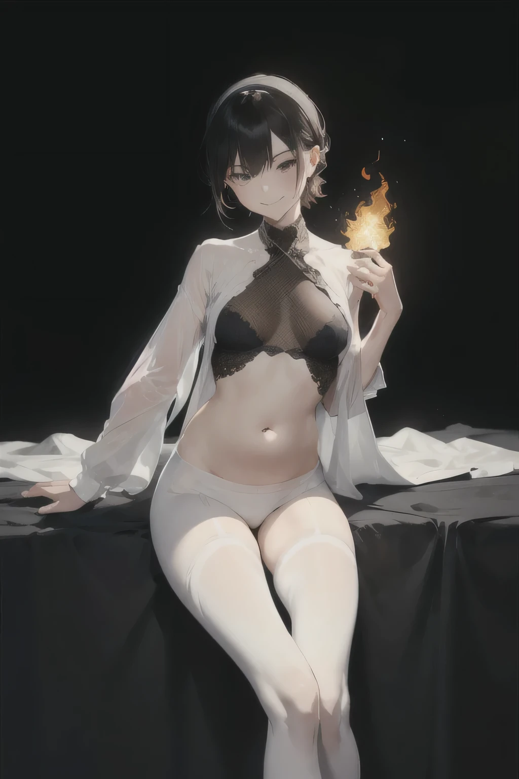 woman,short and small,Round Face,solitary,Relax,elegant,fire,whole body,(The opening of your legs),(((Show your thighs))),full,Transparent openwork,Deep V,((Belly band)),leggings,disheveled,Chest contour,(((Burn clothes))),(((Ultra-thin clothing))),((Body outline)),Grin,pleasure