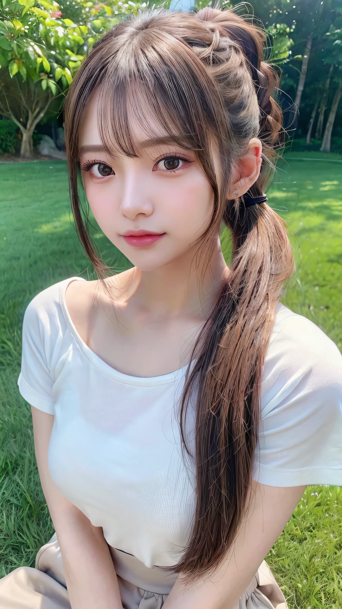 White T-shirt and jeans,outdoors,Urban Park,On the lawn,Black bra visible,Outdoor,Close-up of face,Outdoor,Blushing,Facing forward,,Long hair ponytail,((8K, Raw photo, Best Quality, Mastepiece:1.2), (Realism, Photorealistic:1.4), (Highly detailed 8k wallpaper), Depth of written boundary, Cinematic Lighting, Soft Light, Detailed Beauty Eye,Shiny and smooth light brown ponytail, Asymmetrical bangs, Shiny skin, Ultra-detailed skins ,It is high resolution., High detail, Detailed hairstyle, Detailed facial beauty, Hyper-realistic, Perfect limbs, Perfect Anatomy ,1 Japanese girl,Famous Japanese Idols, Perfect female body,A shy smile,Short eyelashes,Double-edged eyelids,Look straight here,Hair style: ponytail,