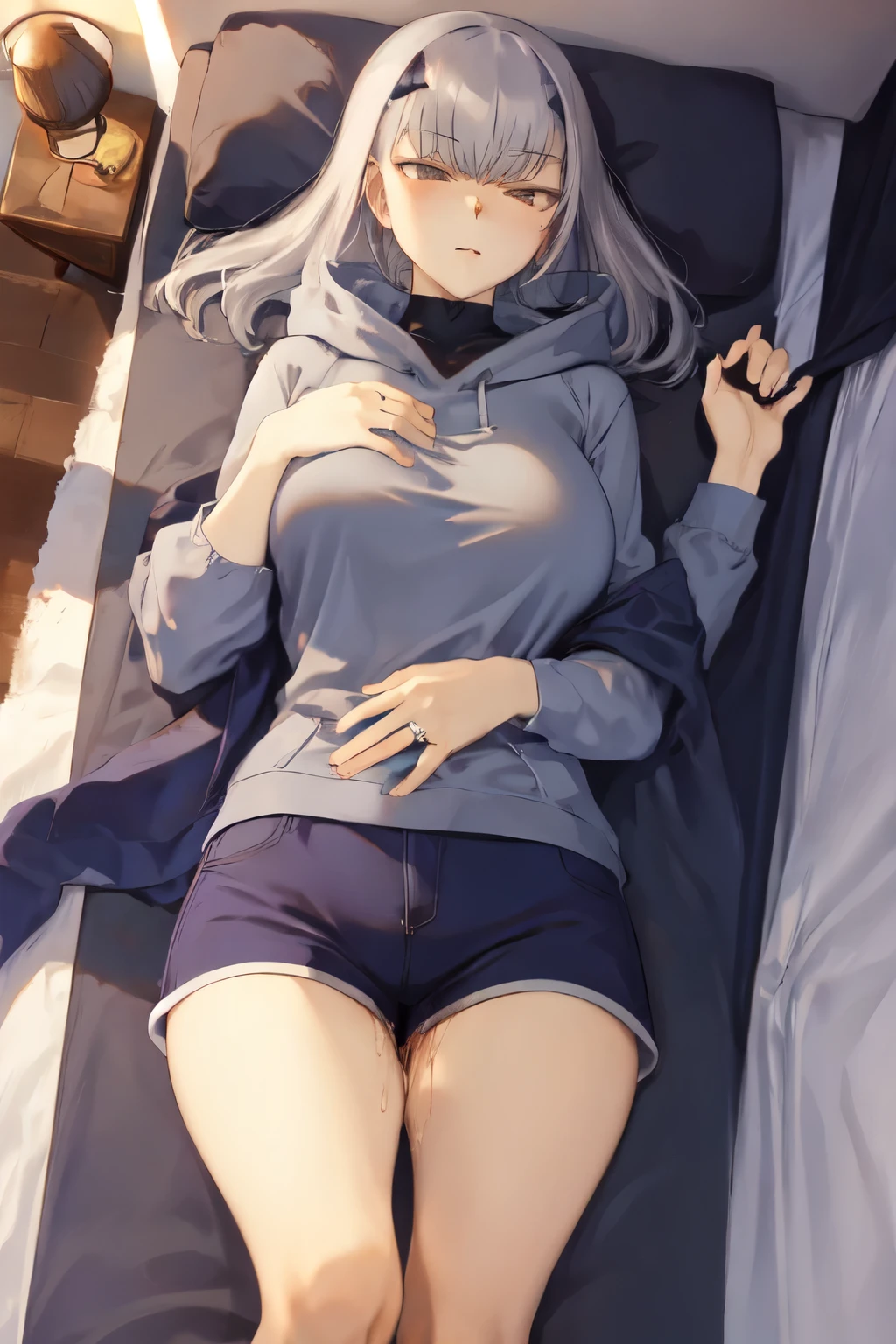 masterpiece, highest quality, 1 person,( Large Breasts,Blue hoodie, Are standing, View Audience,Dolphin Shorts,),Detailed Background、A person who writes in detail、Accurate human body、Knowledgeable person、Five correct answers、Mature Woman,Thighsが太い,cruvy body,Melusine, (Brown eyes:1.5), Long Hair, ((Gray Hair)), Side Lock,Long sleeve、Knee socks、Thighs、白いKnee socks、solo,((pussy juice stain))、On the bed、Lying on your back、wedding ring