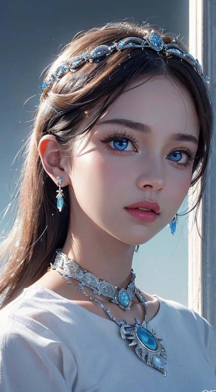 (8k, RAW photo, photorealistic)+ ,( lipgloss, eyelashes, gloss-face, glossy skin, best quality, ultra highres, A princess with bright blue eyes, symetrical face, jewellery, locket, earings, intricate details, 4K, 8k, hd, cowboy shots,