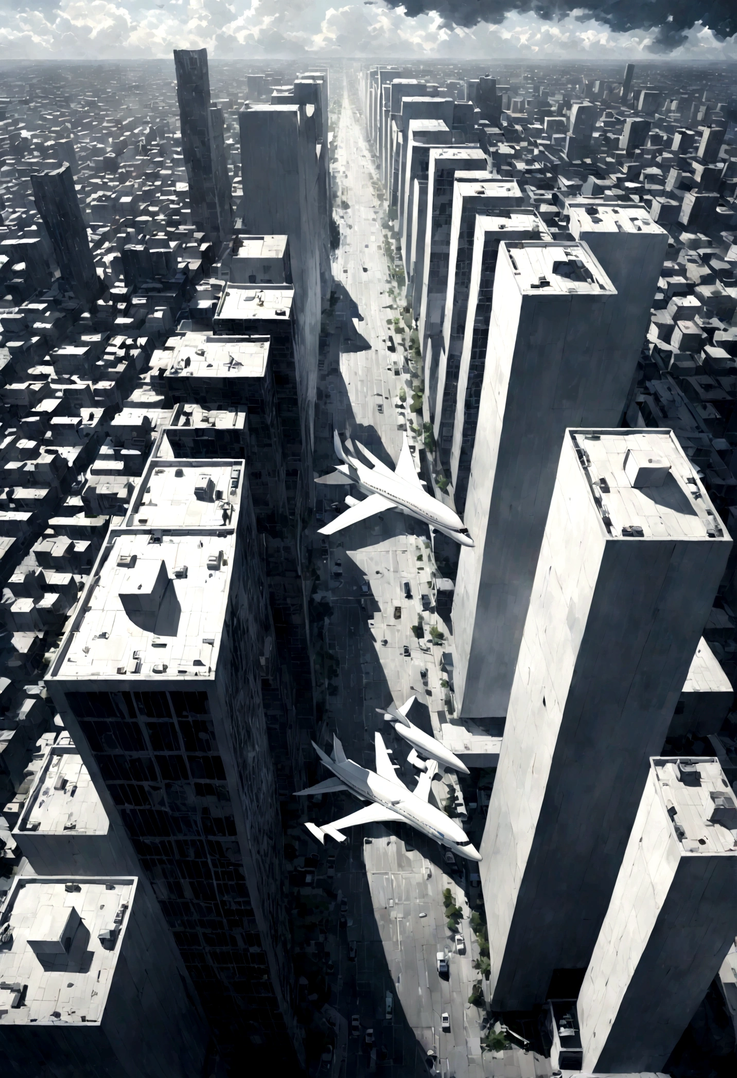 A dramatic, dynamic and cinematic scene viewed from the side, inspired by the art styles Rick Owens. It features a large modern plane take off, prominently displayed as it struggles through bad and summer storm,. Below the plane, viewed from above, is a densely packed urban landscape dominated by apartment buildings that stretch far into the horizon. The entire image is rendered in shades of blue and white . Futurism, Hyperrealism
