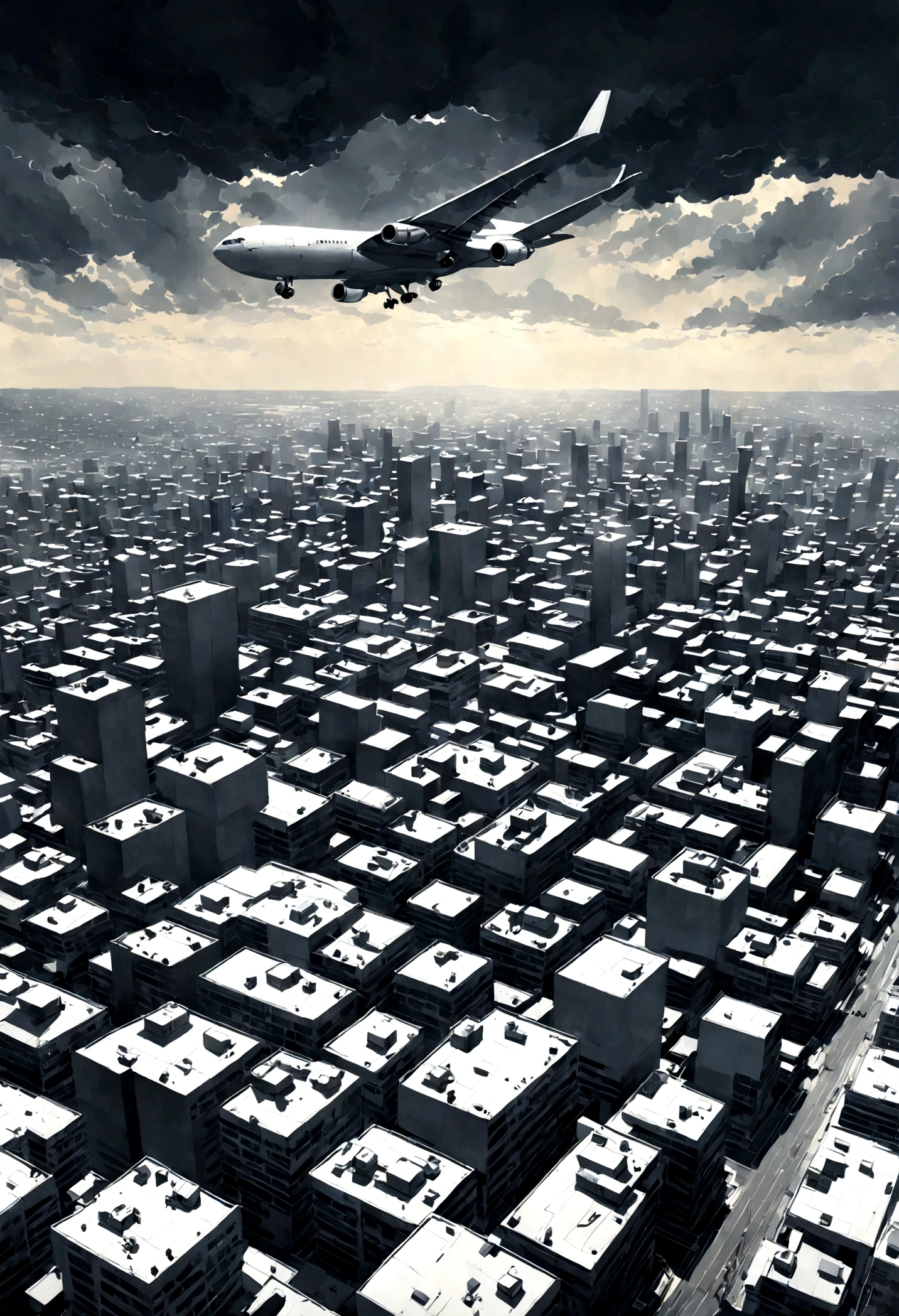 A dramatic, dynamic and cinematic scene viewed from the side, inspired by the art styles Rick Owens. It features a large modern plane take off, prominently displayed as it struggles through bad and summer storm,. Below the plane, viewed from above, is a densely packed urban landscape dominated by apartment buildings that stretch far into the horizon. The entire image is rendered in shades of blue and white . Futurism, Hyperrealism