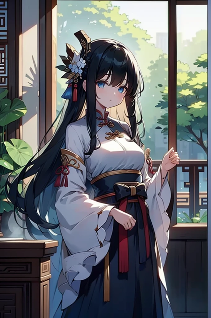 High Quality, Lossless, Clean, Raw, High Quality, Lossless, Clean, Raw, HD, girl, alone, clear lights, bangs in her hair, blue eyes, beautiful girl, perfect body, Color Booster,Realism, 1girl, solo, long hair, looking at viewer, skirt, black hair, hair ornament, long sleeves, standing, flower, indoors, wide sleeves, window, chinese clothes, table, plant