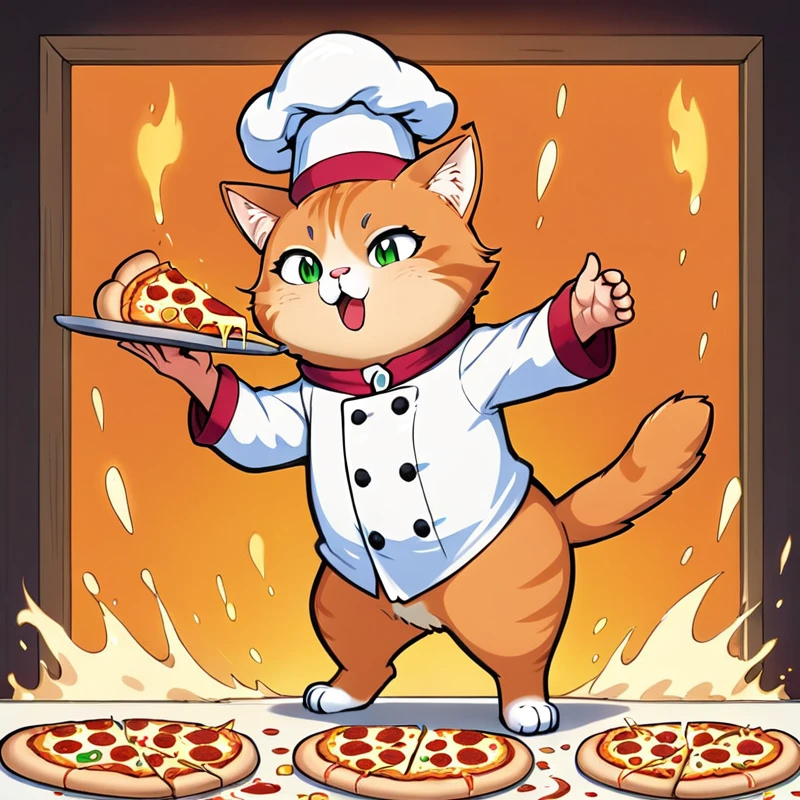 (full body), ((orange cat male)), cook, in chef's clothes, prepares pizza, eating slice of pizza, melted cheese dropping from pizza, cartoon 1970, sharp frame, (background action-packed), lit