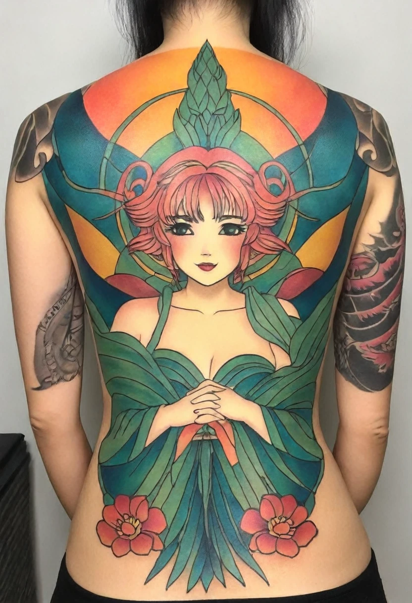 Back Tattoo, curvy woman with art deco pattern tattooed on back and shoulders, dynamic, gorgeous back tattoo, intricate, in style of art deco, fairy lights, glowing, sparkly, deep art deco colors, amazing details, deep intense colors, macabre, dynamic, hyperdetailed, insanely intricate, meticulous, fantastical, Inspired by "Shizuka Nanakusa" from "Yofukashi no uta" de Kotoyama, Kotyama art style, 16k hyperintricately detailed Celtic tattoos, precise lines, smooth, sharp focus, cinematic lighting, atmospheric, photoreal, Canon EF 200-400mm f/4L IS USM Extender 1. 4x Lens, stan Winston studio