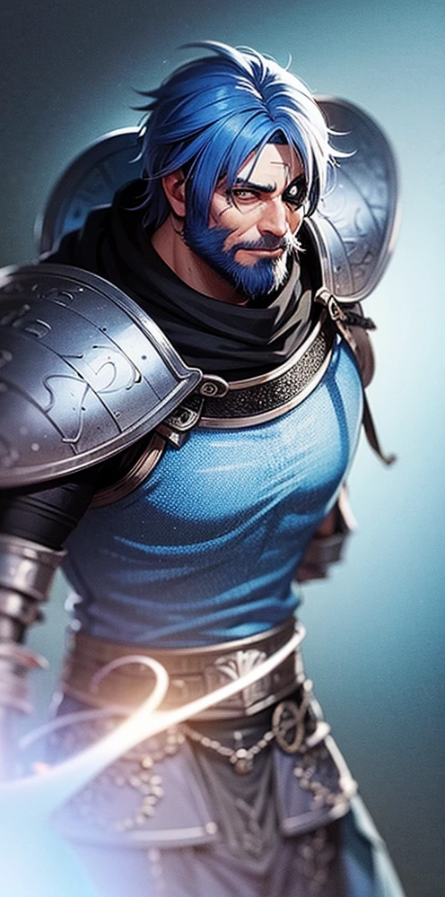 Blue haired Viking man  with a beard heavy metal armor eyepatch on right eye and scar on left eye.