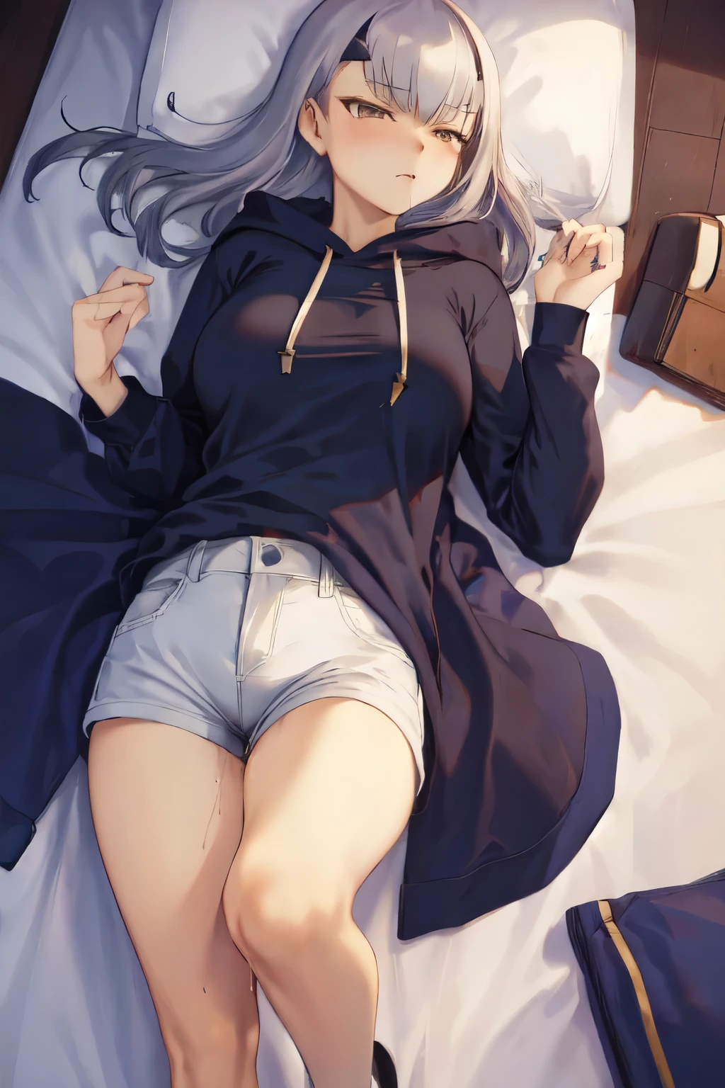 masterpiece, highest quality, 1 person,( Large Breasts,Blue hoodie, Are standing, View Audience,Dolphin Shorts,),Detailed Background、A person who writes in detail、Accurate human body、Knowledgeable person、Five correct answers、Mature Woman,Thighsが太い,cruvy body,Melusine, (Brown eyes:1.5), Long Hair, ((Gray Hair)), Side Lock,Long sleeve、Knee socks、Thighs、白いKnee socks、solo,((pussy juice stain))、On the bed、Lying on your back、wedding ring