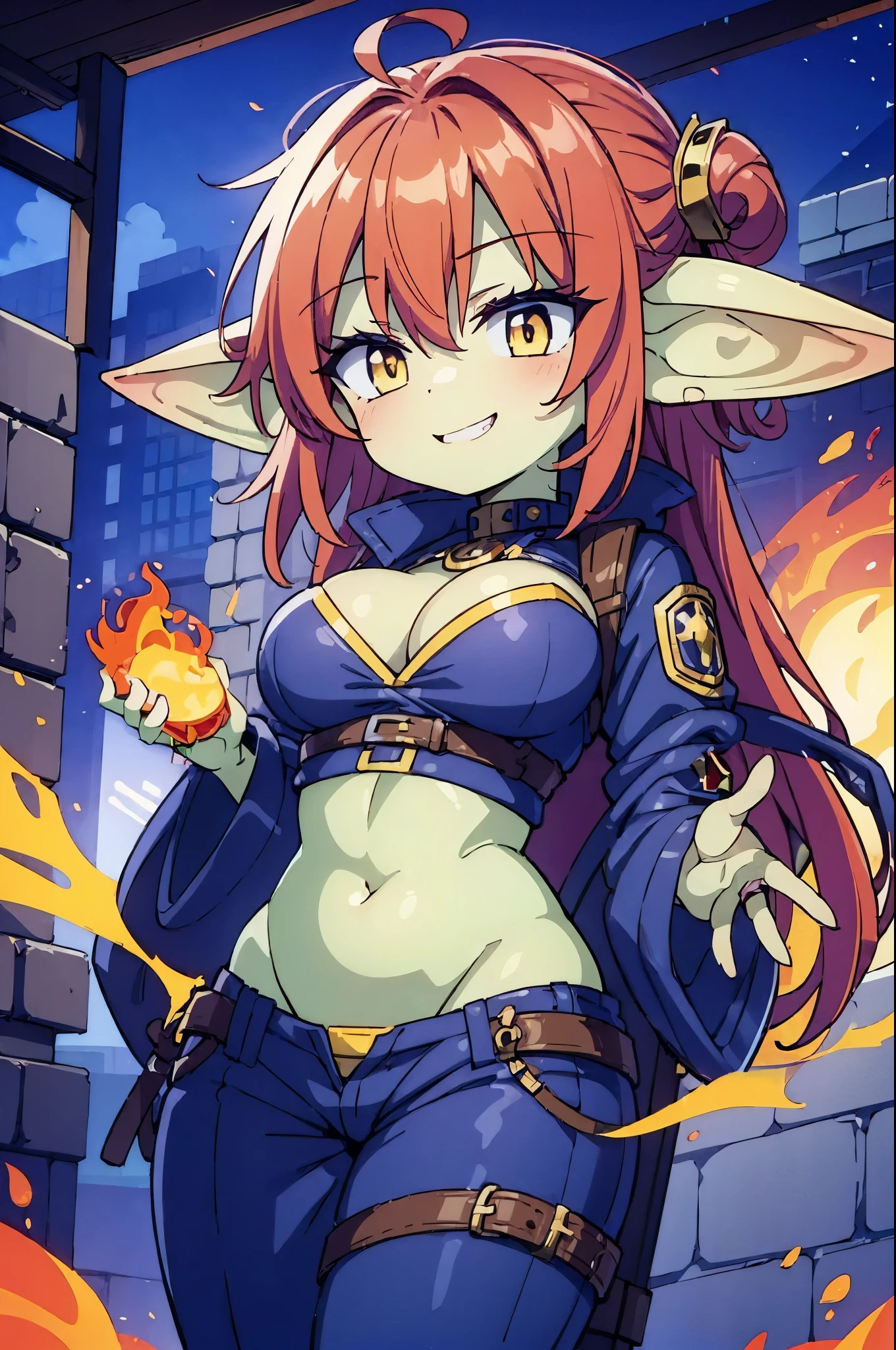 (((1 goblin woman))), ((detailed yellow eyes)), ((red hair)), large breasts, mischievous smile, surrounded by fire, best quality, masterpiece, ultra-detailed