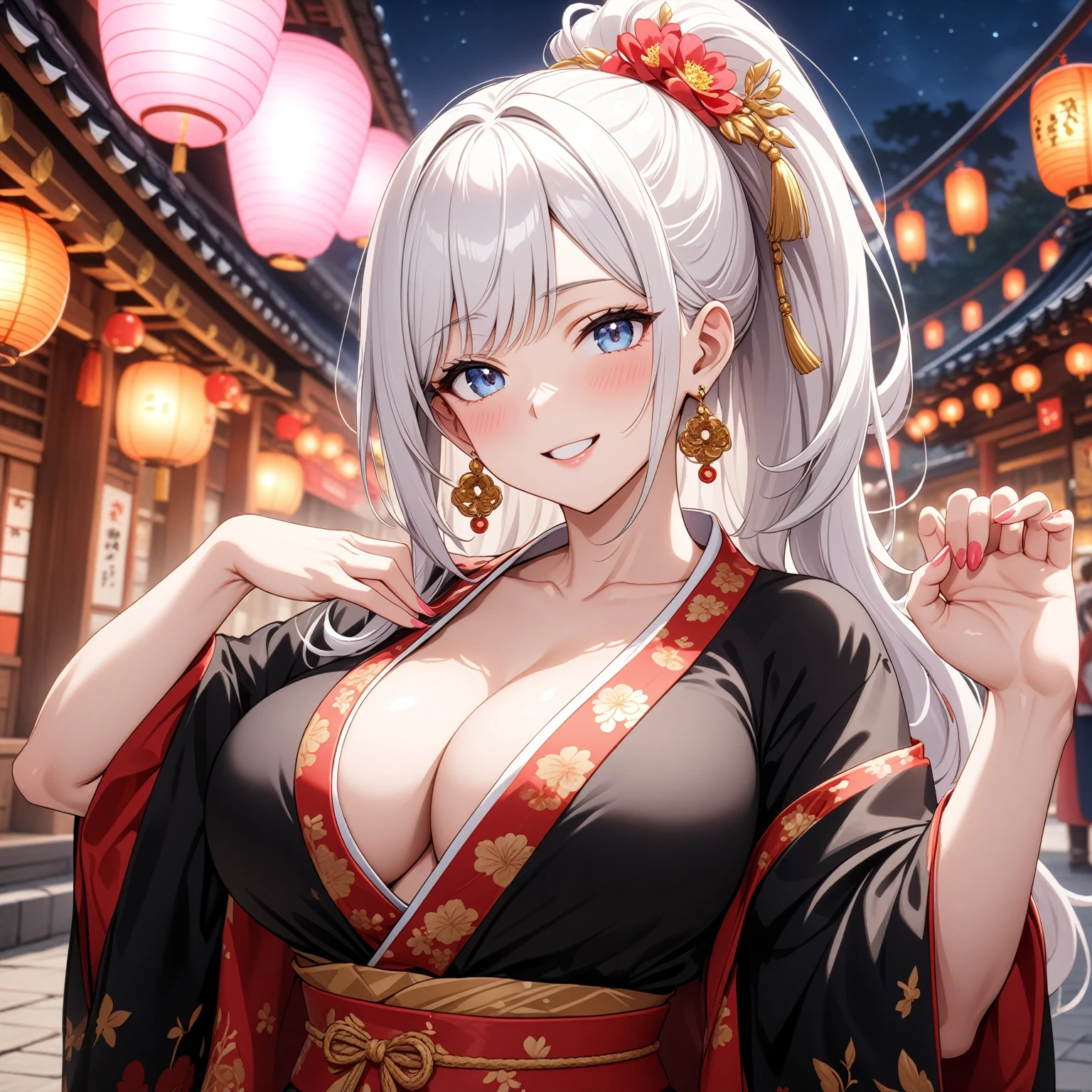 ((one personの女性)), Beautiful Face,Laugh shyly,((Wink:1.7)),Laughing with your mouth open,turn bright red,Glossy pink lips,night,Shrine festival sexpensives,((Anime style background)),masterpiece, highest quality, so beautiful, Latest, Complex details, (Pink long nails),AI-generated, Complex,High resolution, highest quality, super high quality,3D Images、View your viewers、3D Images,one person,Long white hair,High Ponytail,blue eyes,Anime woman posing for a photo, [[fine grain、Colorful eyes、Shining Eyes:1.15]],(Squint your eyes:1.1),a hyperRealistic , hyperRealistic , Realistic,Anime woman with long and white hair, Smooth anime CG art, A woman in a colorful kimono with gold embroidery, (Black kimono),Red floral pattern,Long flower hair ornament,Big earrings,(Big Breasts:1.1),Mature Body,expensive,Big Ass,Fine details,Tight waist,Abdominal muscles,(Face close-up:1.5),Tilt your face,Shooting from an angle,Hold your hands together,