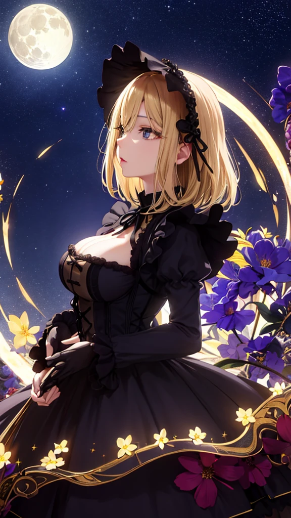 masterpiece, high quality, 4K, Beautiful design, silhouette,blonde, 非常に詳細な夜のStarry Sky,Flower Field, wonderful, Finer details, Very knowledgeable woman, Highly detailed solo, 1 female,Big Breasts,Gothic ta Fashion,Night view,Starry Sky,full moon,