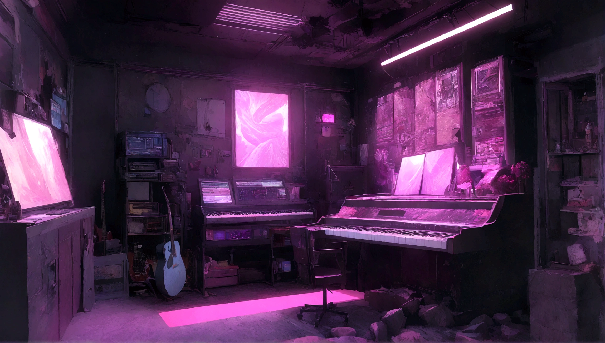 There is a music studio room with a desk, a chair, and display,keyboard,piano,and guitar, Shutters, Concept Art, 3d rendering, Interior Background Art, synthwave art style, Flat synthetic wave art style, synthwave art, Rock style girls bedroom, Synthetic wave digital art, rock style setting, synthwave background, rock style interior