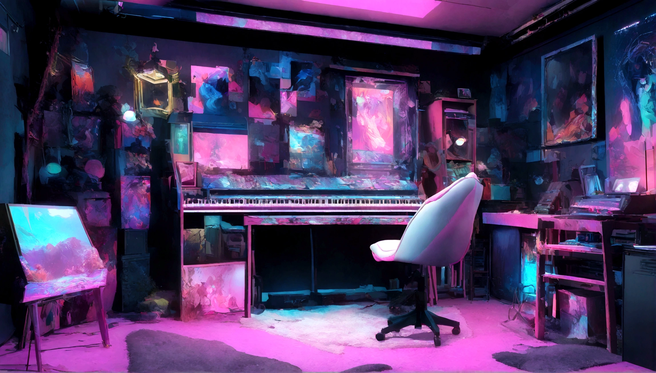 There is a music studio room with a desk, a chair, and display,keyboard,piano,and guitar, Shutters, Concept Art, 3d rendering, Interior Background Art, synthwave art style, Flat synthetic wave art style, synthwave art, Rock style girls bedroom, Synthetic wave digital art, rock style setting, synthwave background, rock style interior