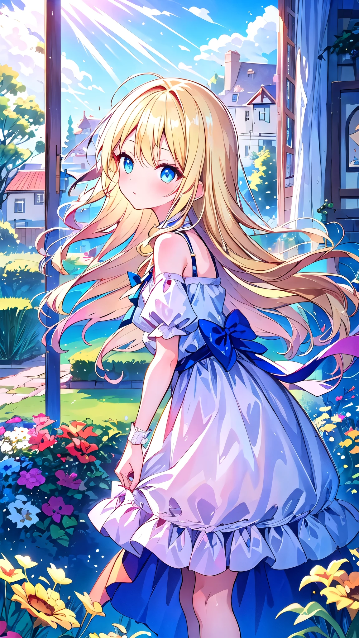 cute girl, open shoulder, laced skirt, blonde hair, from side, long hair, looking up, disheveled hair, window, curtain, sunlight, shinny hair, blue eyes, qhly, garden, standing