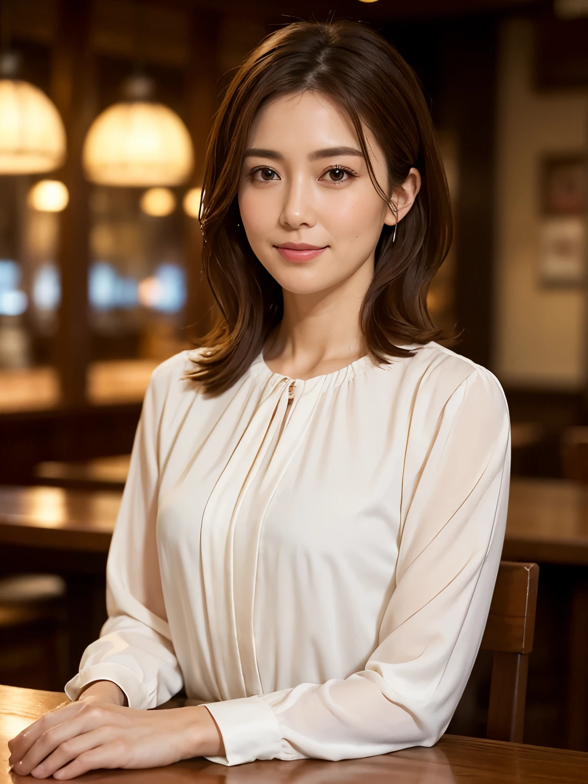 Tabletop, highest quality, Realistic, Very detailed, Fine details, High resolution, 8k wallpaper, 1. Beautiful woman, Wear a casual round neck shirt, Large Bust, In a great pub, ((View your viewers)), At night, Light brown messy hair, Perfect dynamic composition, Beautiful details