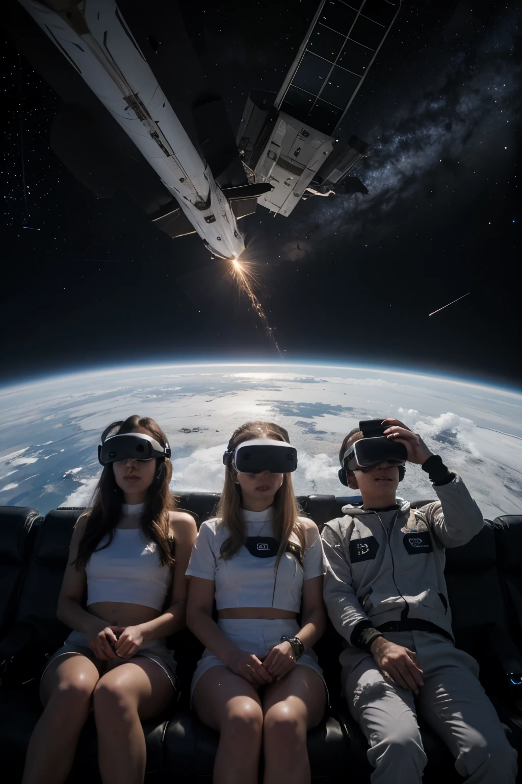 A group of boys and girls wearing VR headsets, floating in space with Gemini (a friendly looking AI) and a spaceship in the background
