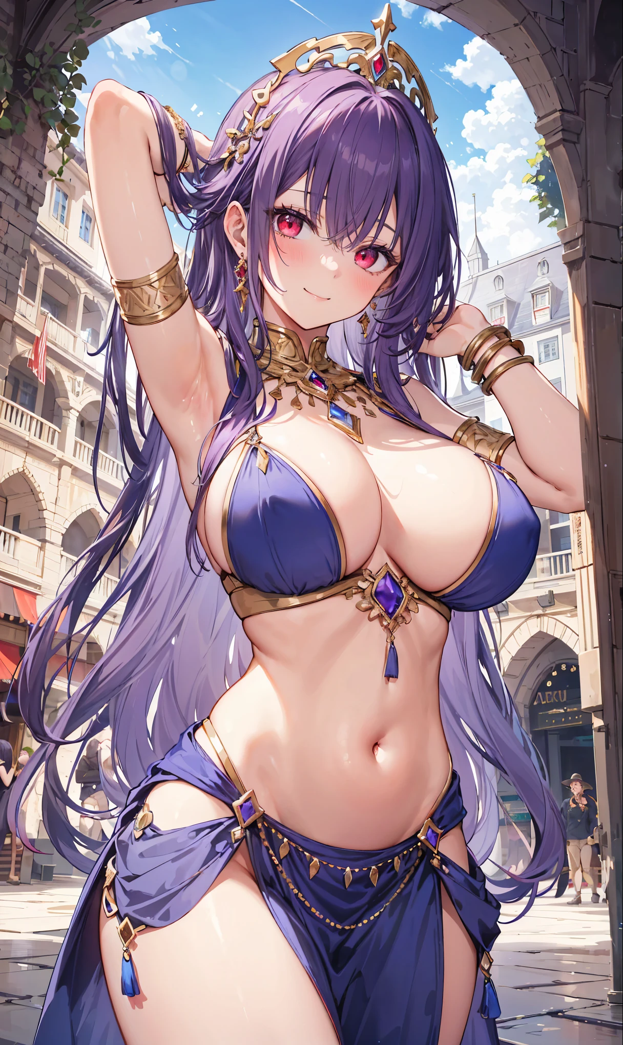 high quality, ultra detailed, best quality, insanely detailed, beautiful, masterpiece, 1girl, medieval plaza, cowboy shot, red eyes, long hair, purple hair, belly dancer, circlet, earrings, armlets, bracelets, bashful smile, large breasts, cleavage, soft stomach