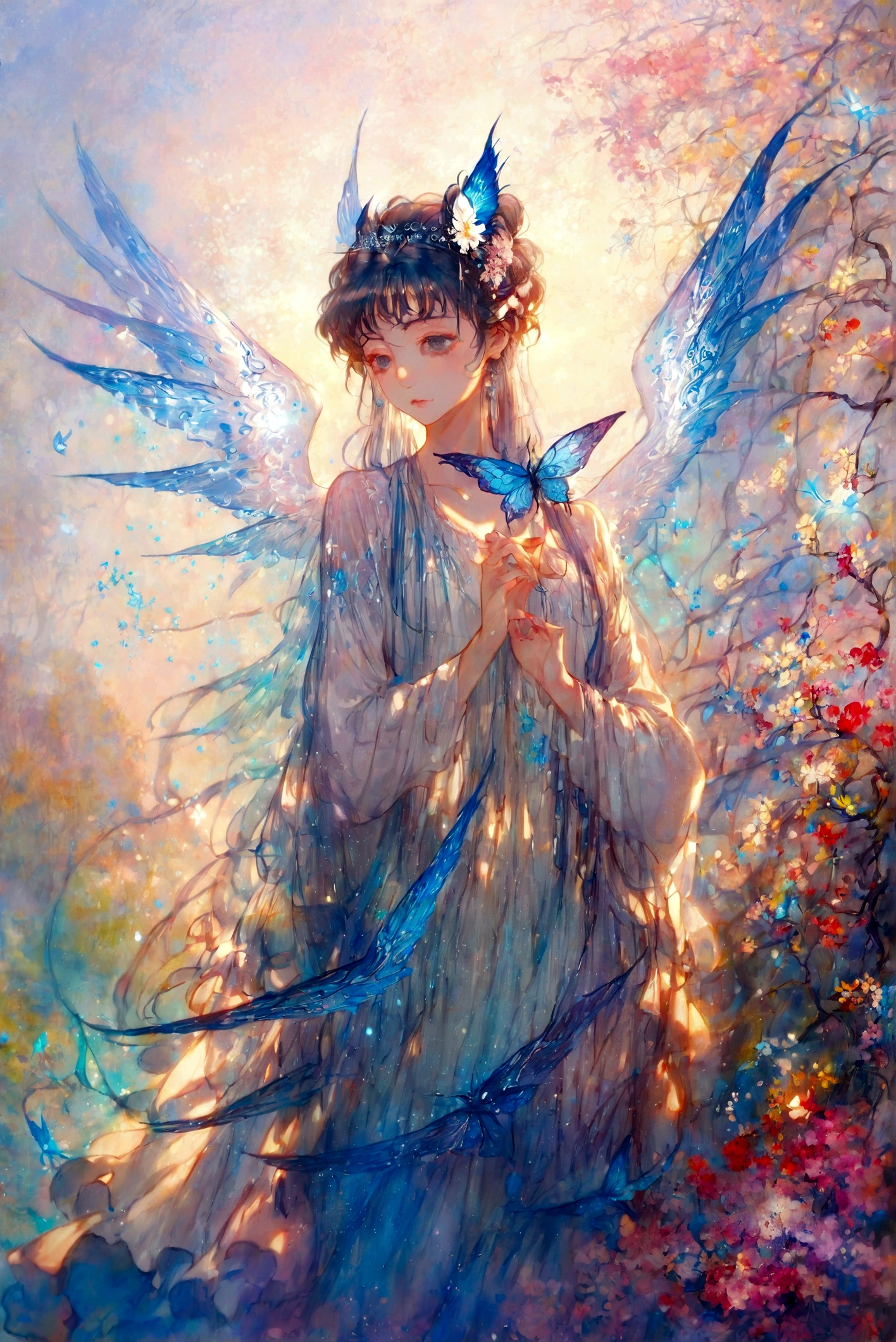In a flowery glade、Wearing a gorgeous dress with colorful translucent wings、Hall々A beautiful and sensual fairy, Glowworms, (Arkan Nayle:1.4), (Written by William Turner:1.2), (Claude Monet:1.2), (Henry Asensio:1.1), (Edgar Degas:1.1), (Pierre-Auguste Renoir:1.1), (By Gustav Klimt:1.1), (By Alphonse Mucha:1.1), Art Nouveau, Golden Hour, Front lighting, Side lighting, amazing, dramatic, dynamic, Mythical, Legendary, Mysterious, dream-like, movieのような写実的な, 8K UHD Natural Light, born, rich, Intricate details, Key Visual, Atmospheric lighting, 35mm Photography, movie, Bokeh, Professional, 4K, Very detailed
