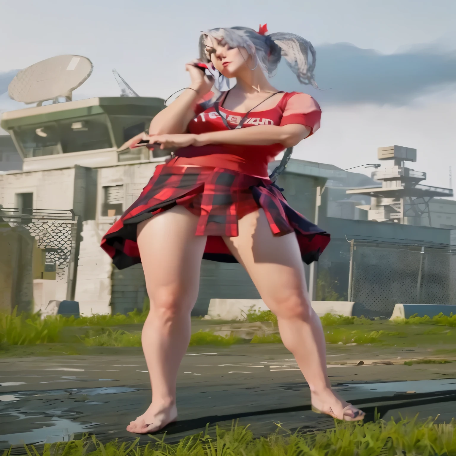 there is a woman in a red shirt and plaid skirt talking on a cell phone, full body shot hyperdetailed, smooth in _ the background, badass pose, in pubg, highly detailed giantess shot, casual pose, full body picture, hyper realistic content, photorealistic content, full body close-up shot, character posing, mechanic punk outfit, red uniform